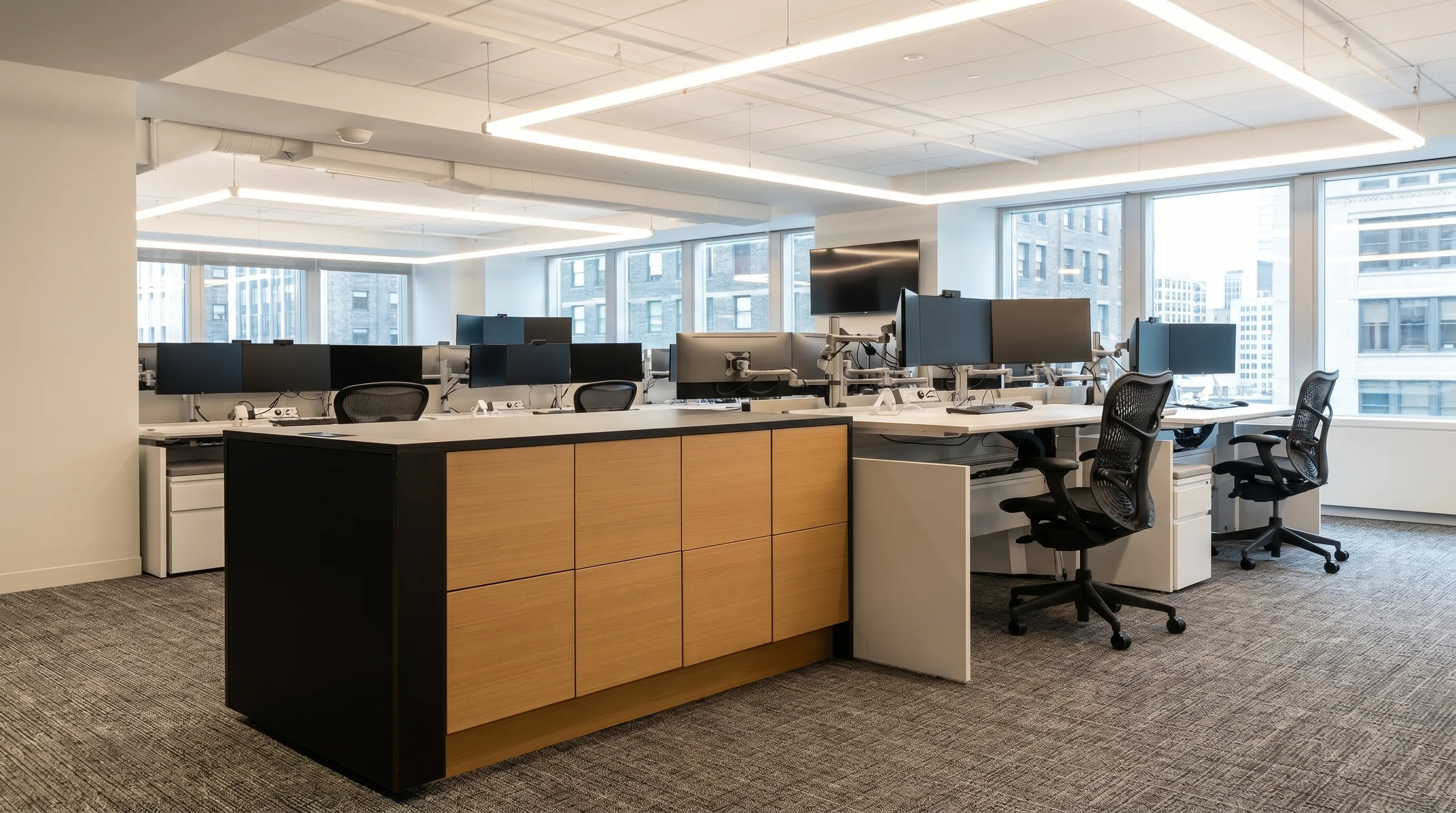 Dark collaboration island casework detail in corporate environment