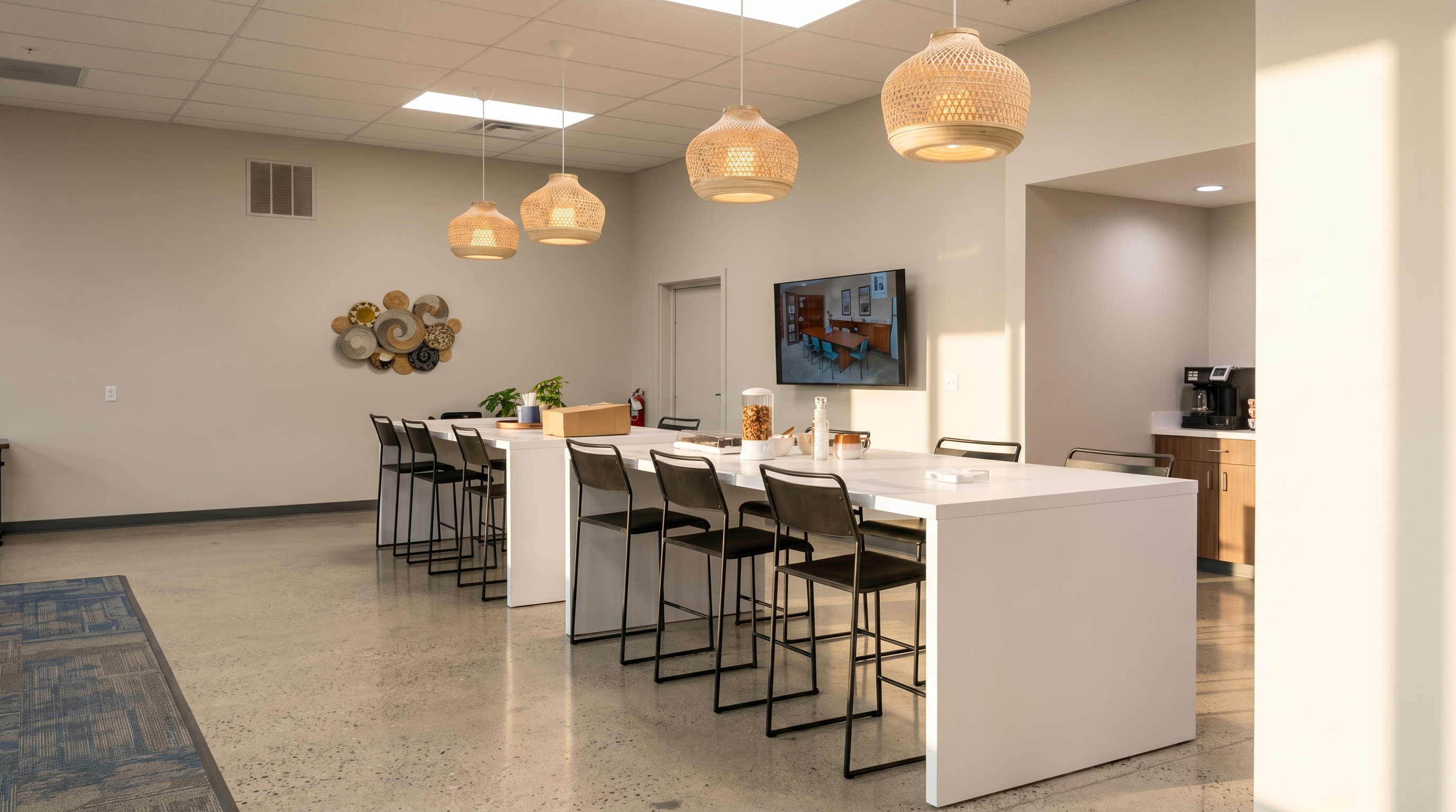White collaboration island in warm hospitality pantry setting with rattan pendant lights