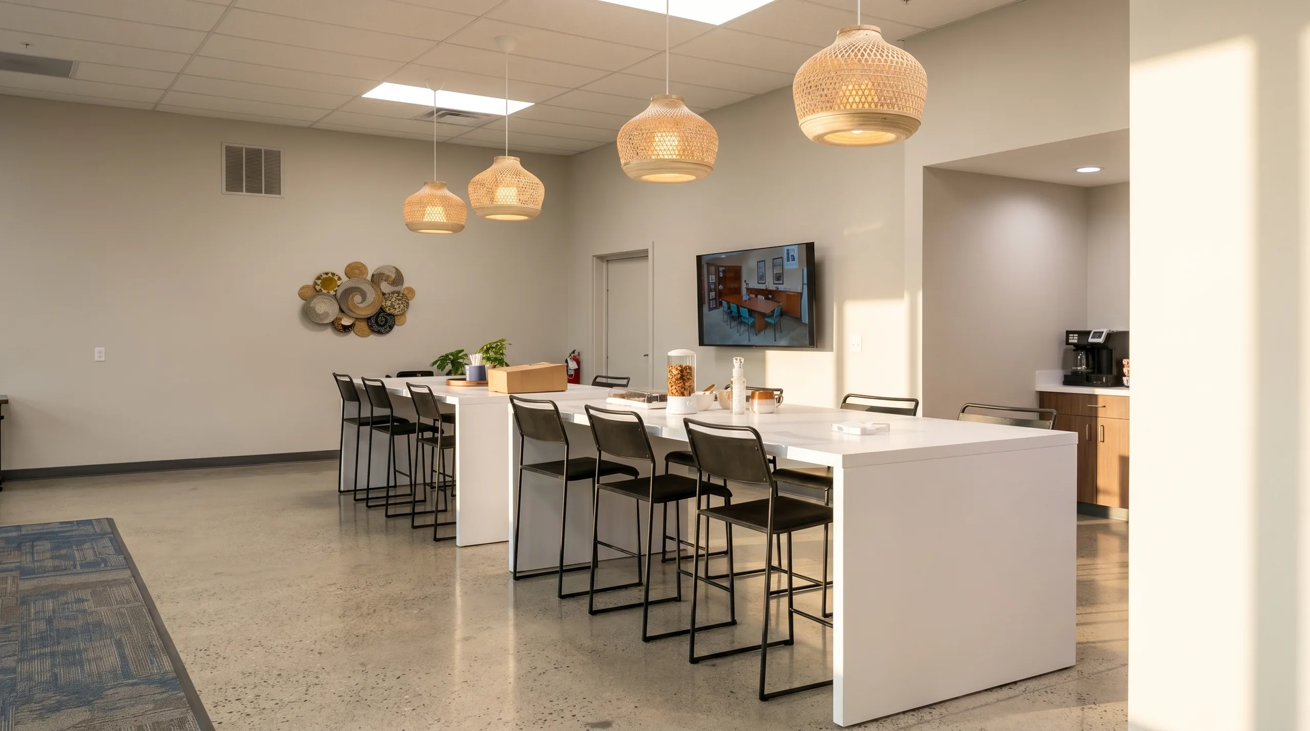 White collaboration island in warm hospitality pantry setting with rattan pendant lights
