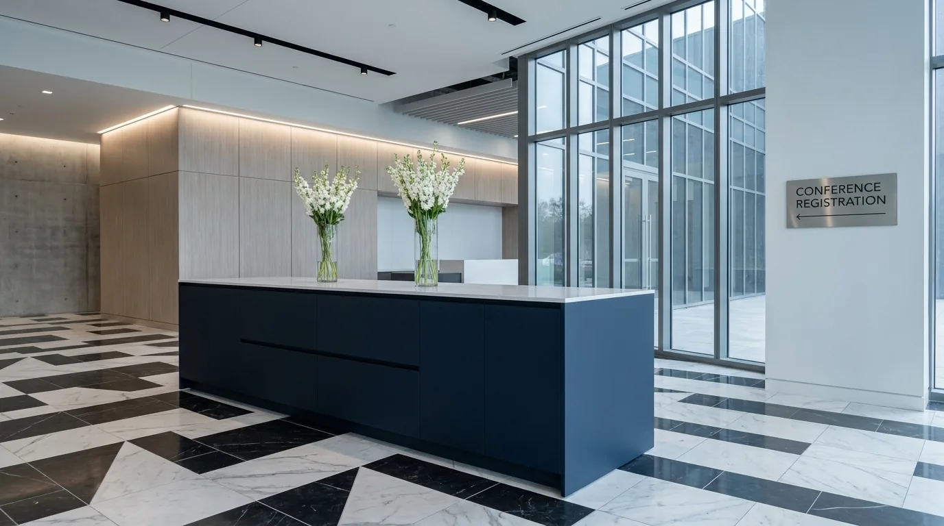 Conference center registration foyer island in deep navy FENIX with geometric marble floors