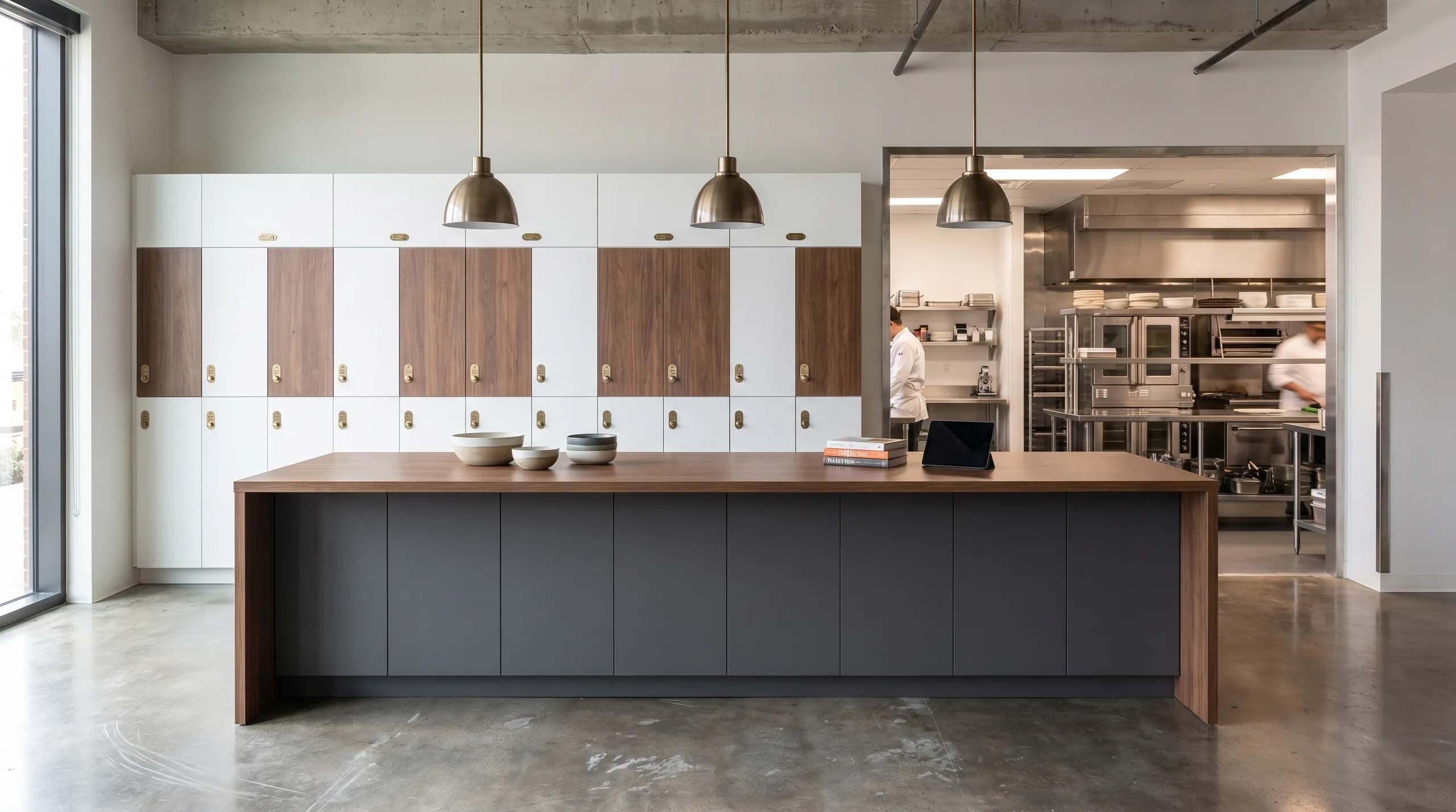 Hotel restaurant service island with walnut top and Arraya staff lockers behind