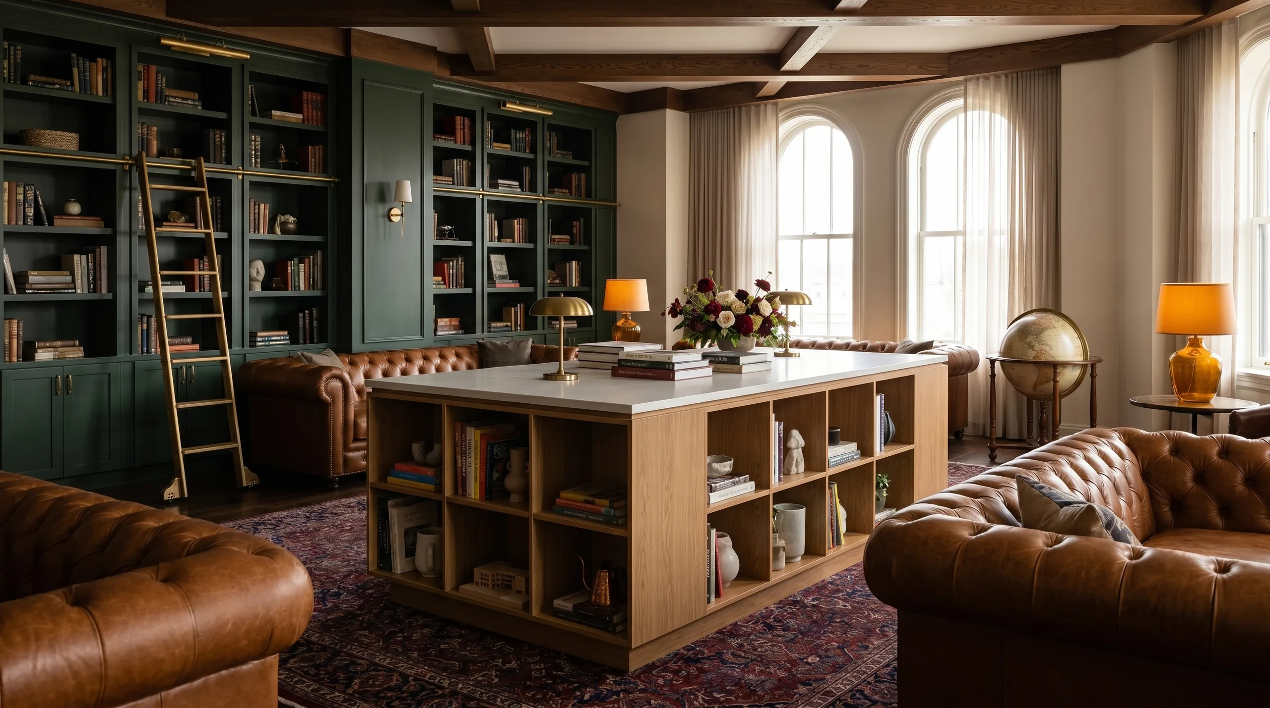 Boutique hotel library island in honey oak with Chesterfield sofas, dark green shelving and arched windows