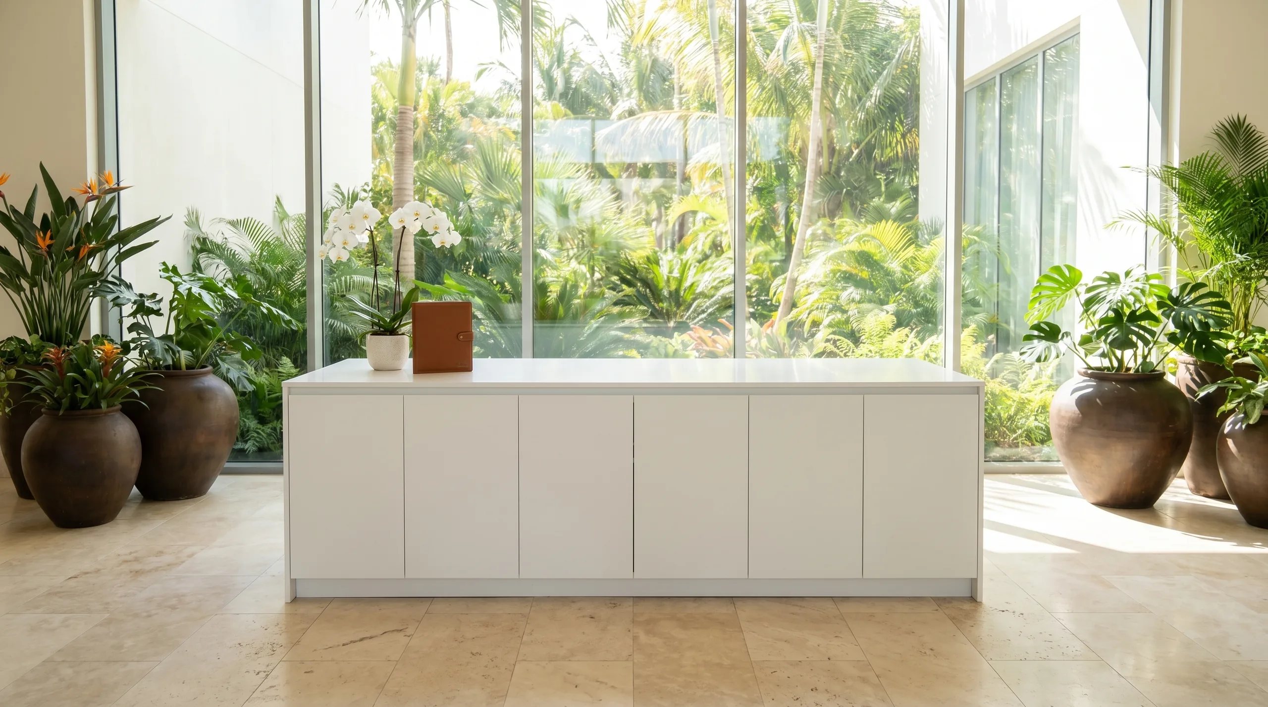 Luxury resort check-in island in white solid surface with tropical greenery through full-height windows