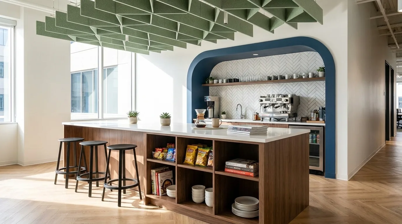 Bright office pantry collaboration island in walnut with white solid surface top