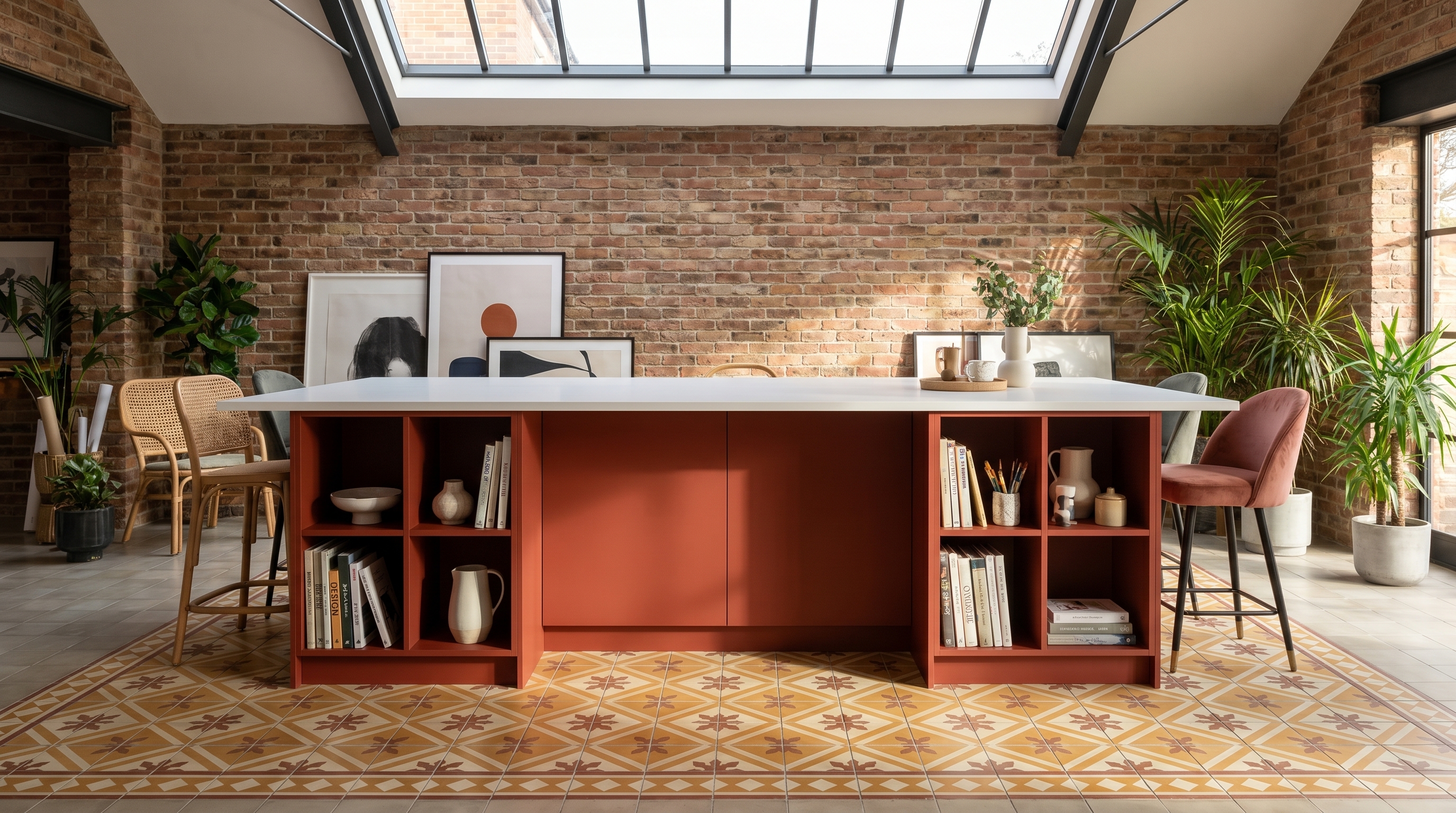 Creative agency studio island in terracotta FENIX with exposed brick and skylight