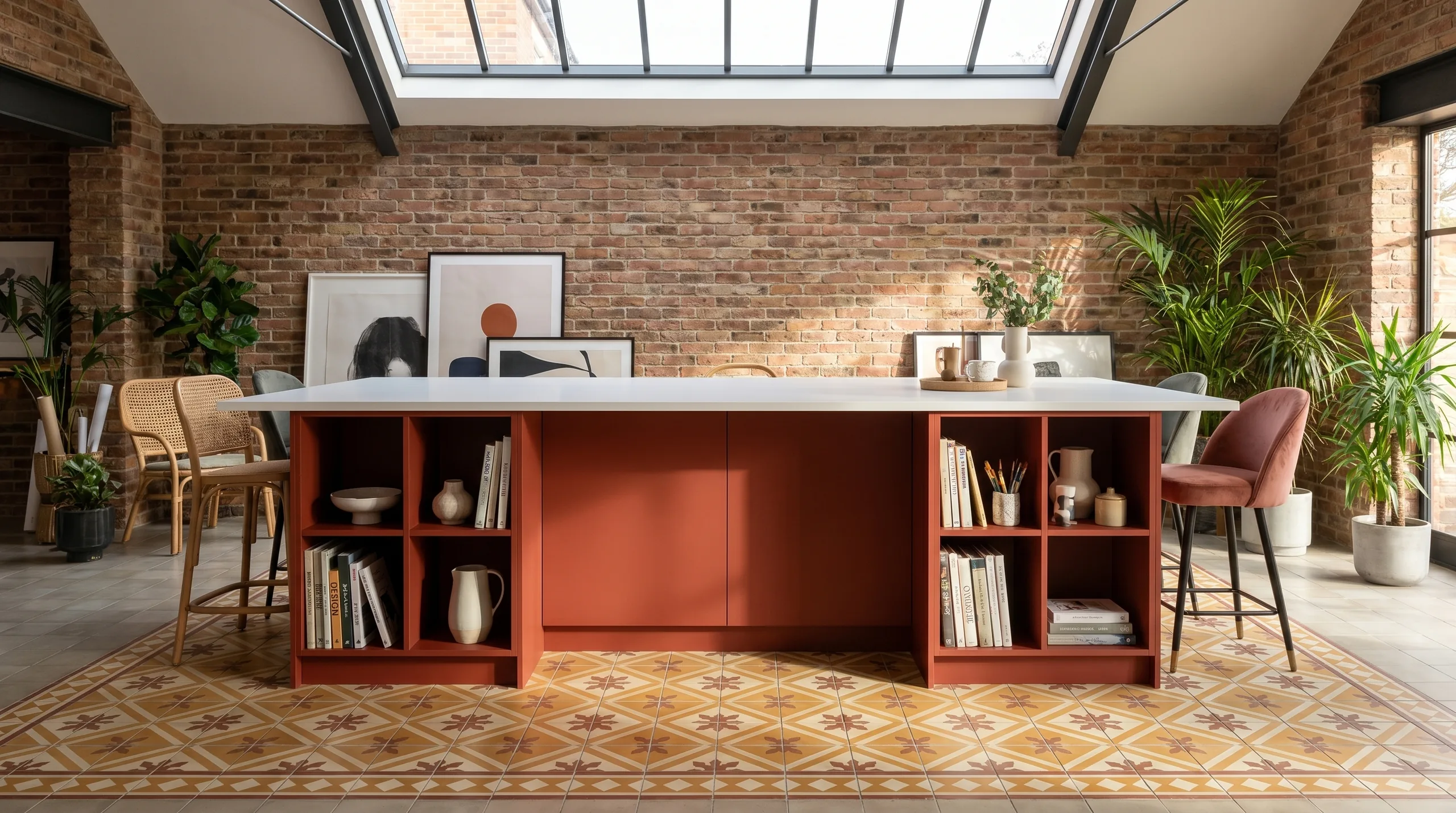 Creative agency studio island in terracotta FENIX with exposed brick and skylight