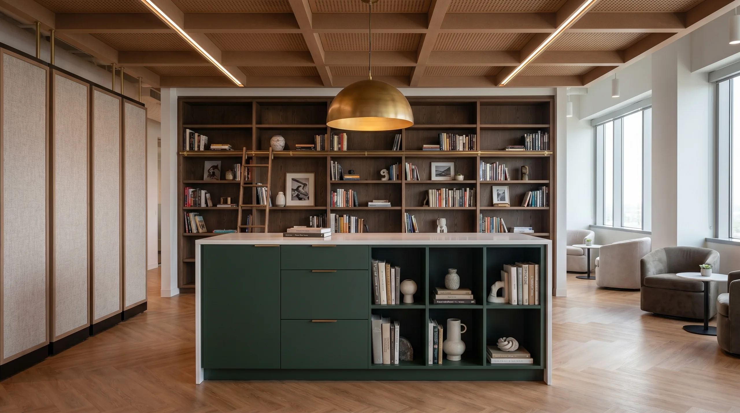 Office library collaboration island in deep forest green FENIX with floor-to-ceiling shelving