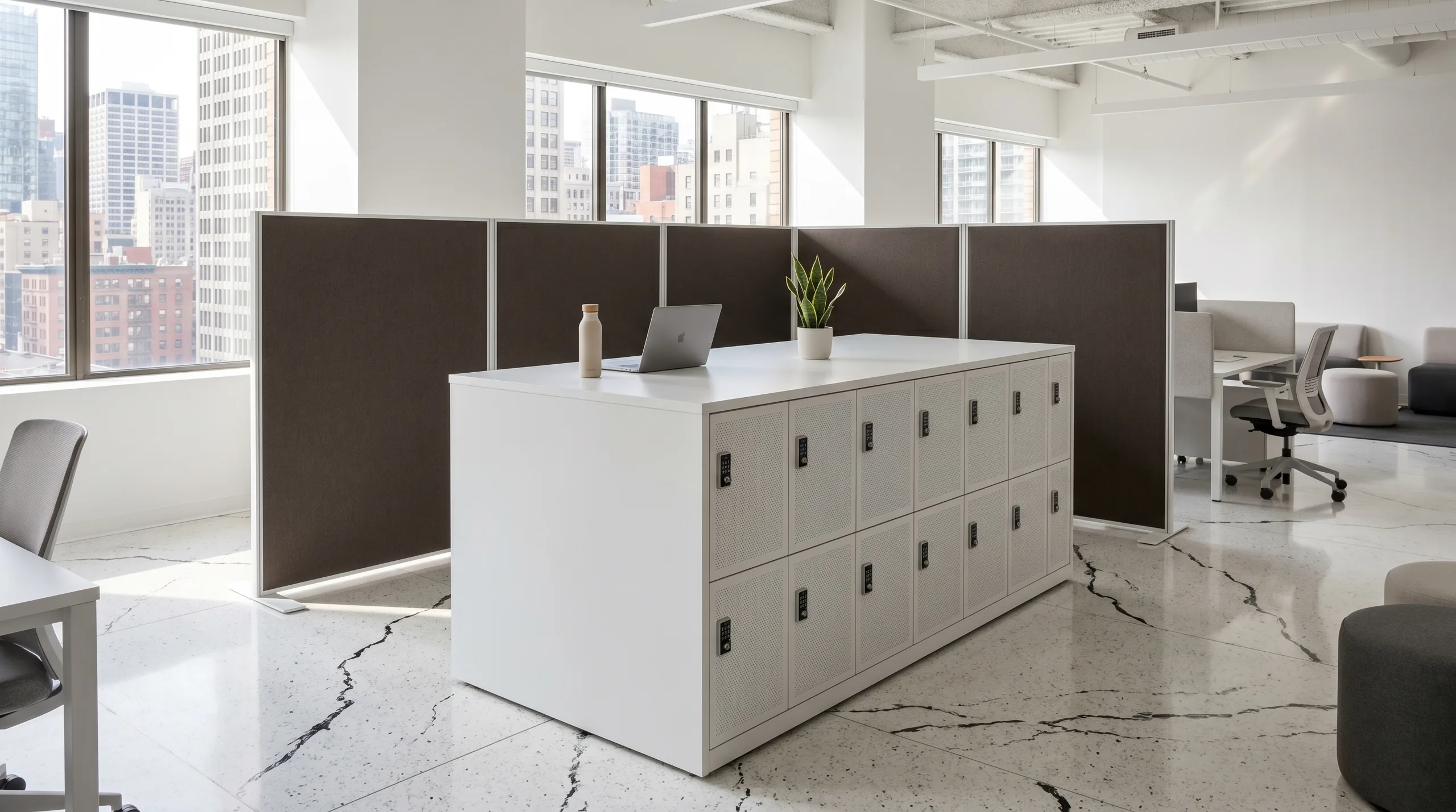 Hybrid office team zone island with integrated day-use locker doors and Zone Divider panels