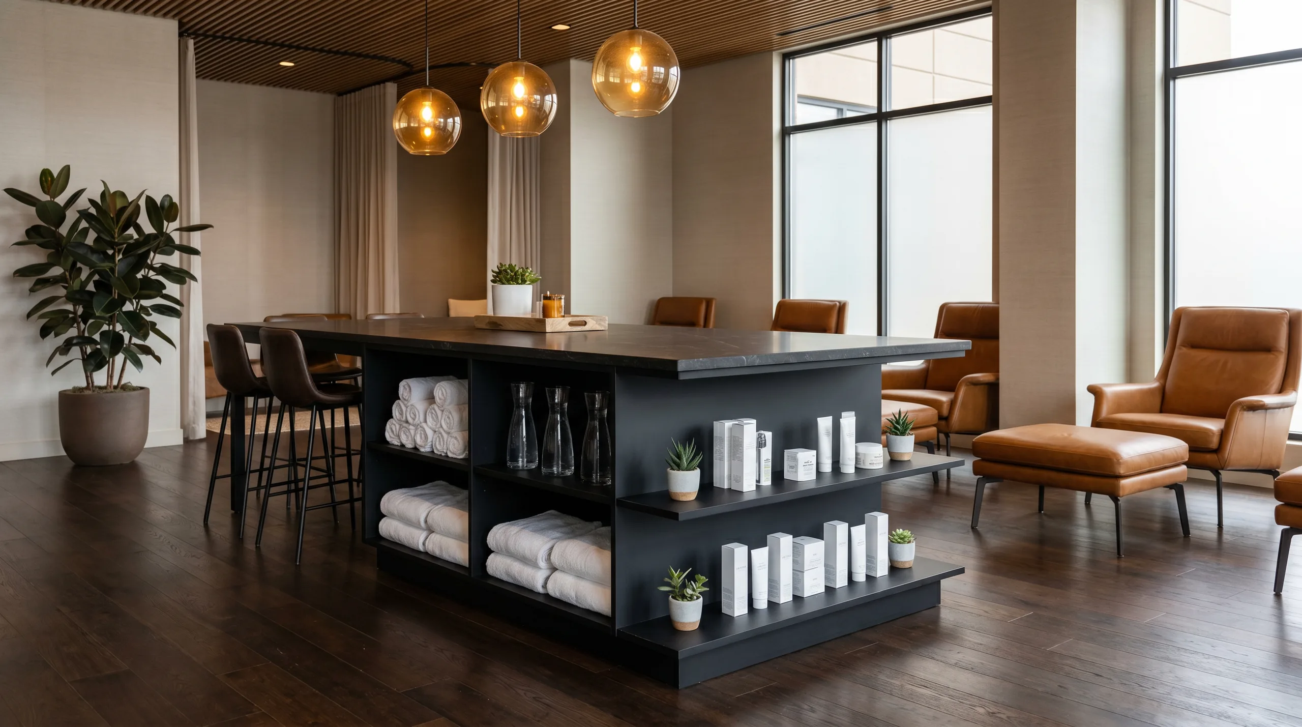 Athletic club recovery lounge island in dark charcoal FENIX with wellness products, towels and leather seating