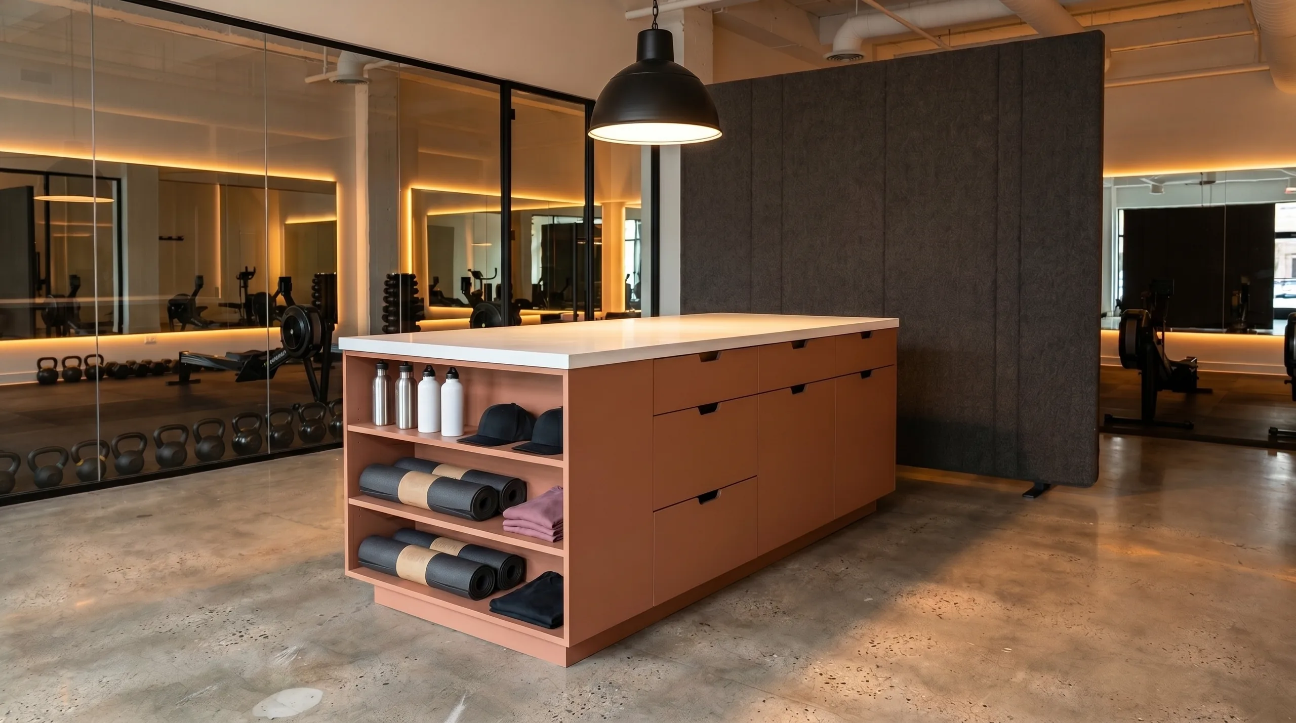 Boutique fitness studio reception island in clay FENIX with Zone Divider acoustic panels behind