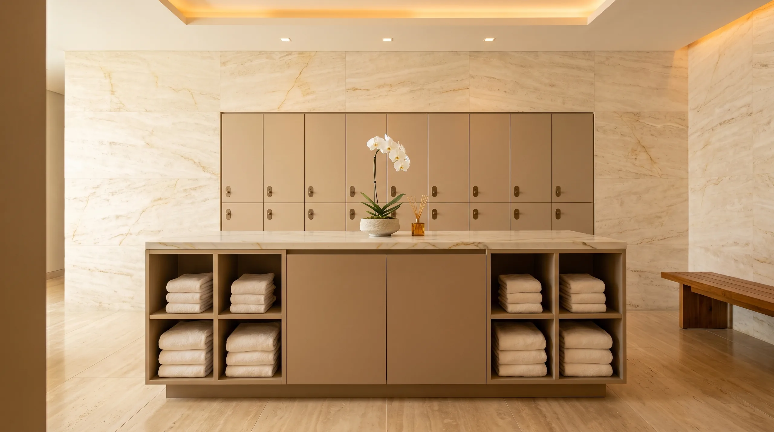 Spa changing room vanity island in warm sand FENIX with travertine walls, towel cubbies and Arraya lockers