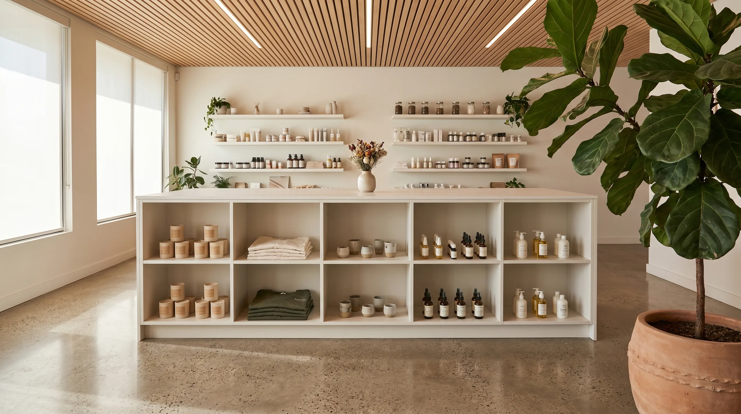 Wellness studio retail island in linen FENIX with curated products, fiddle leaf fig to the side