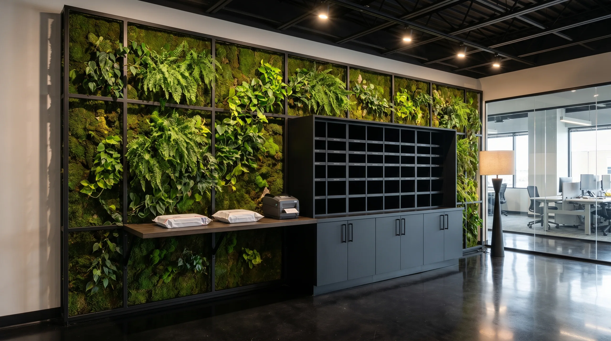 Corporate lobby mail sorter with living wall