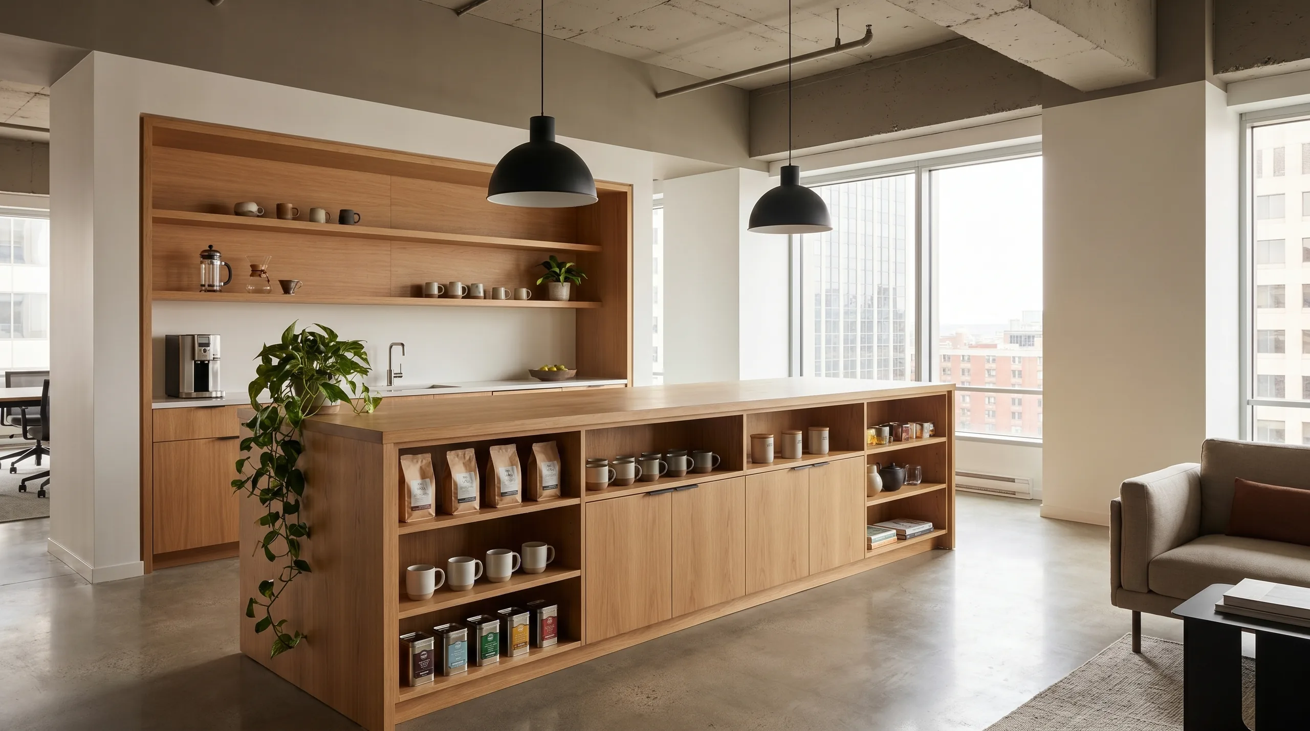 Coworking pantry amenity with collaboration island