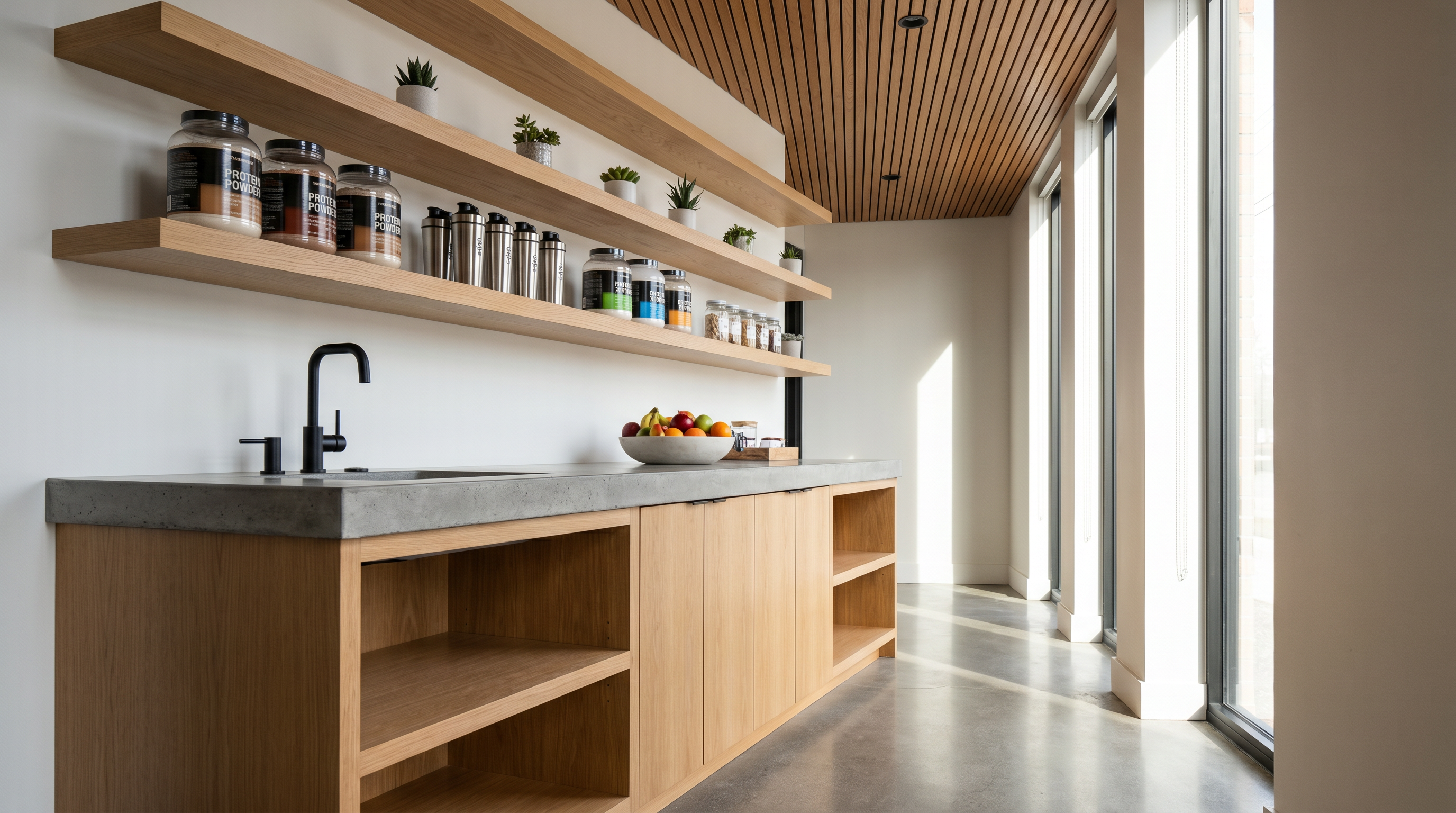 Boutique fitness fuel bar with concrete countertop and oak casework