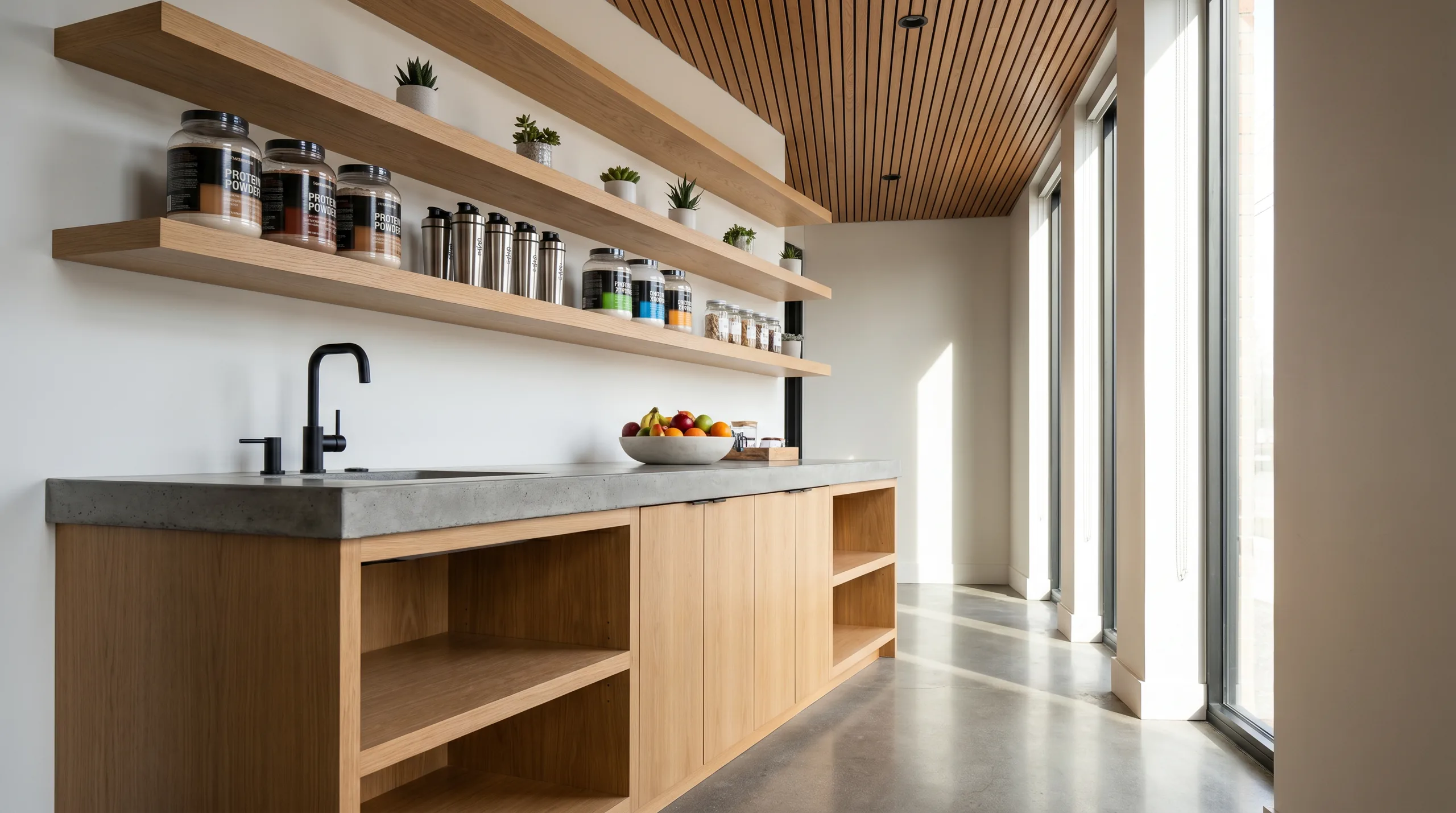 Boutique fitness fuel bar with warm oak pantry casework, concrete countertop, and supplement display shelving