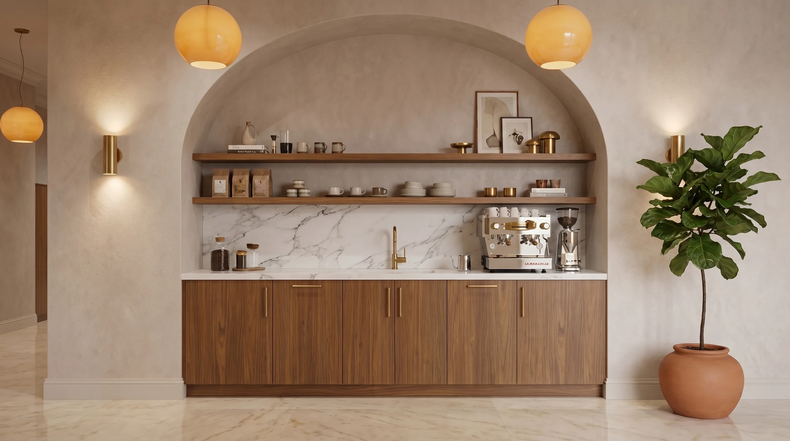 Boutique hotel lobby coffee bar in arched walnut alcove