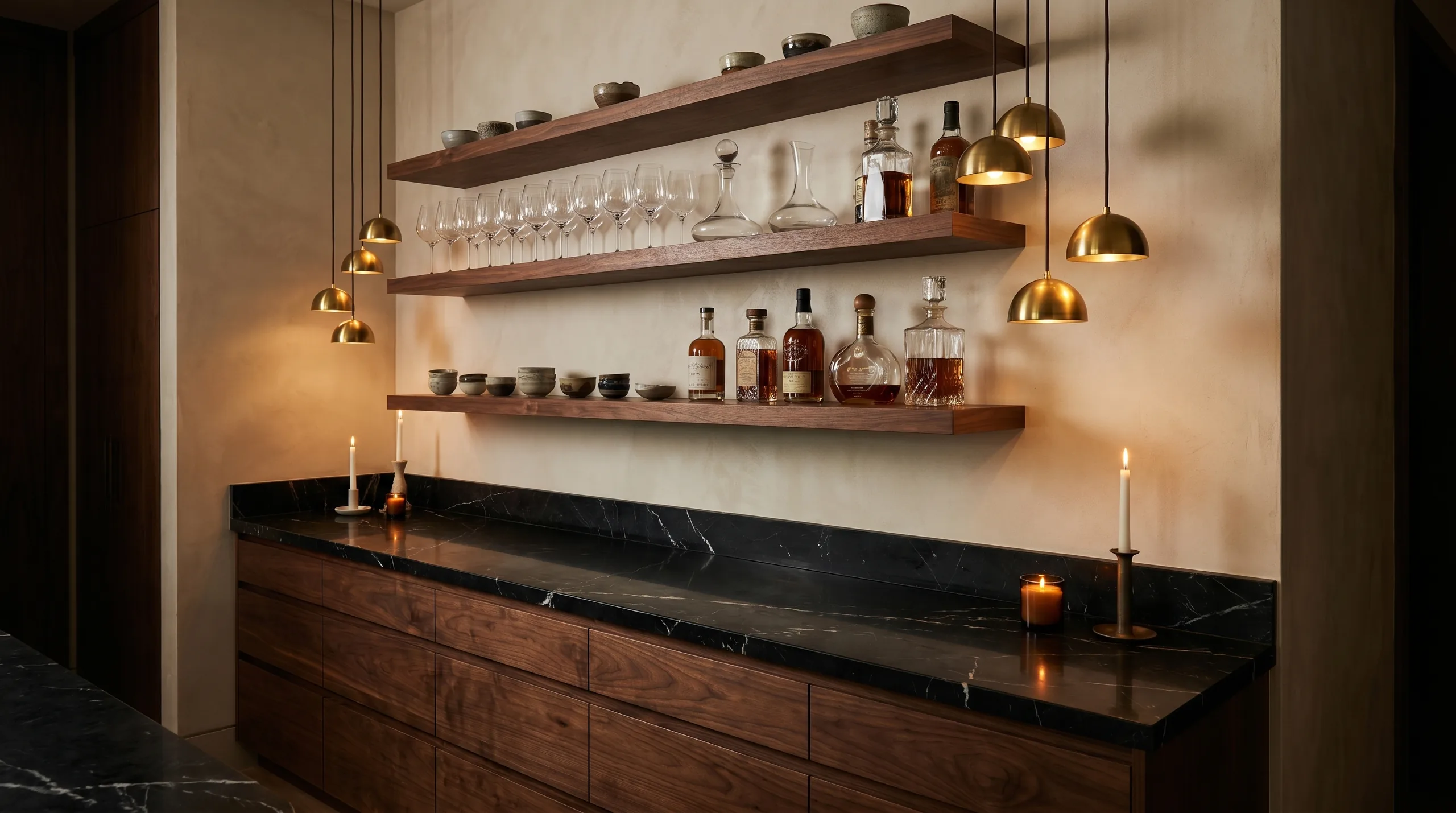 Restaurant beverage wall with dark walnut and black marble