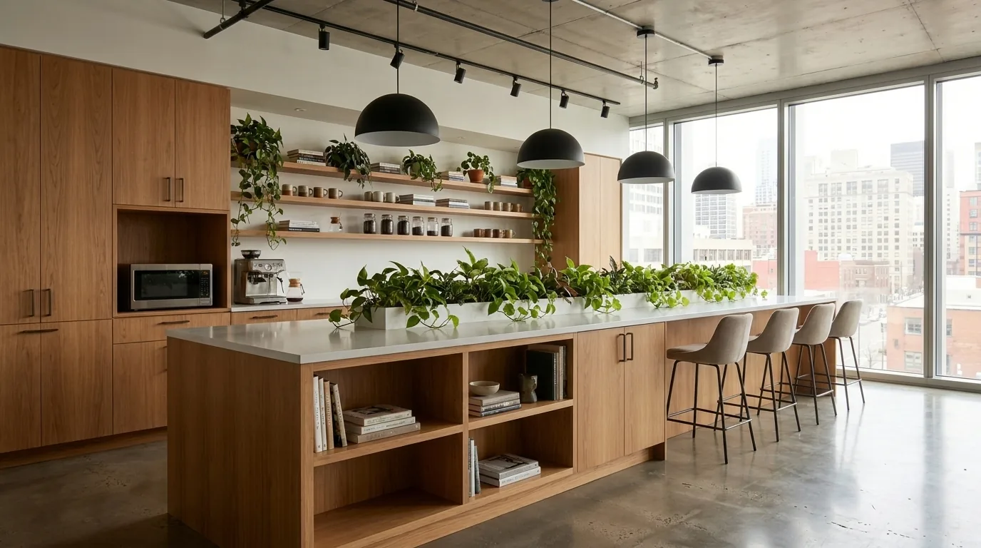 Open office pantry with warm oak island and bar seating