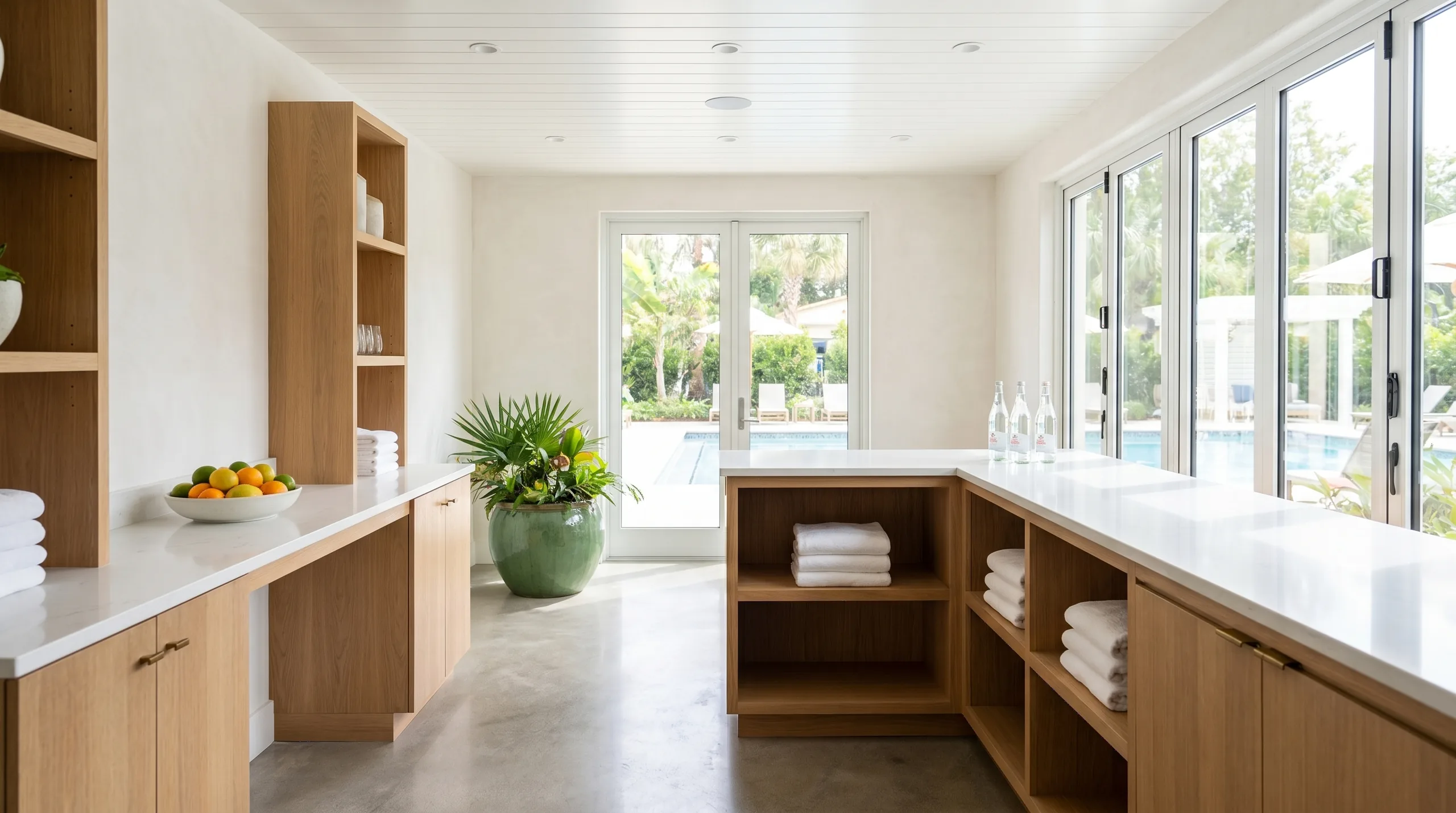Resort poolside amenity bar with light oak and white quartz