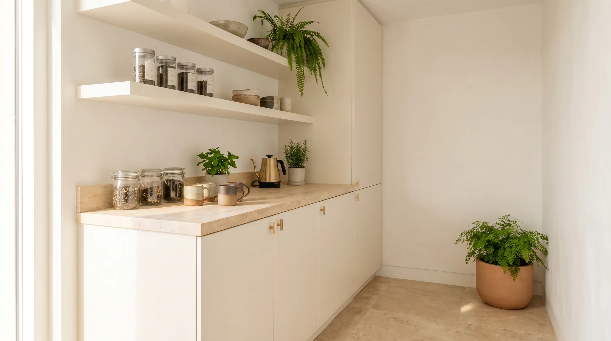 Spa tea station with warm casework, open shelving for botanicals, and coordinated wellness amenity display