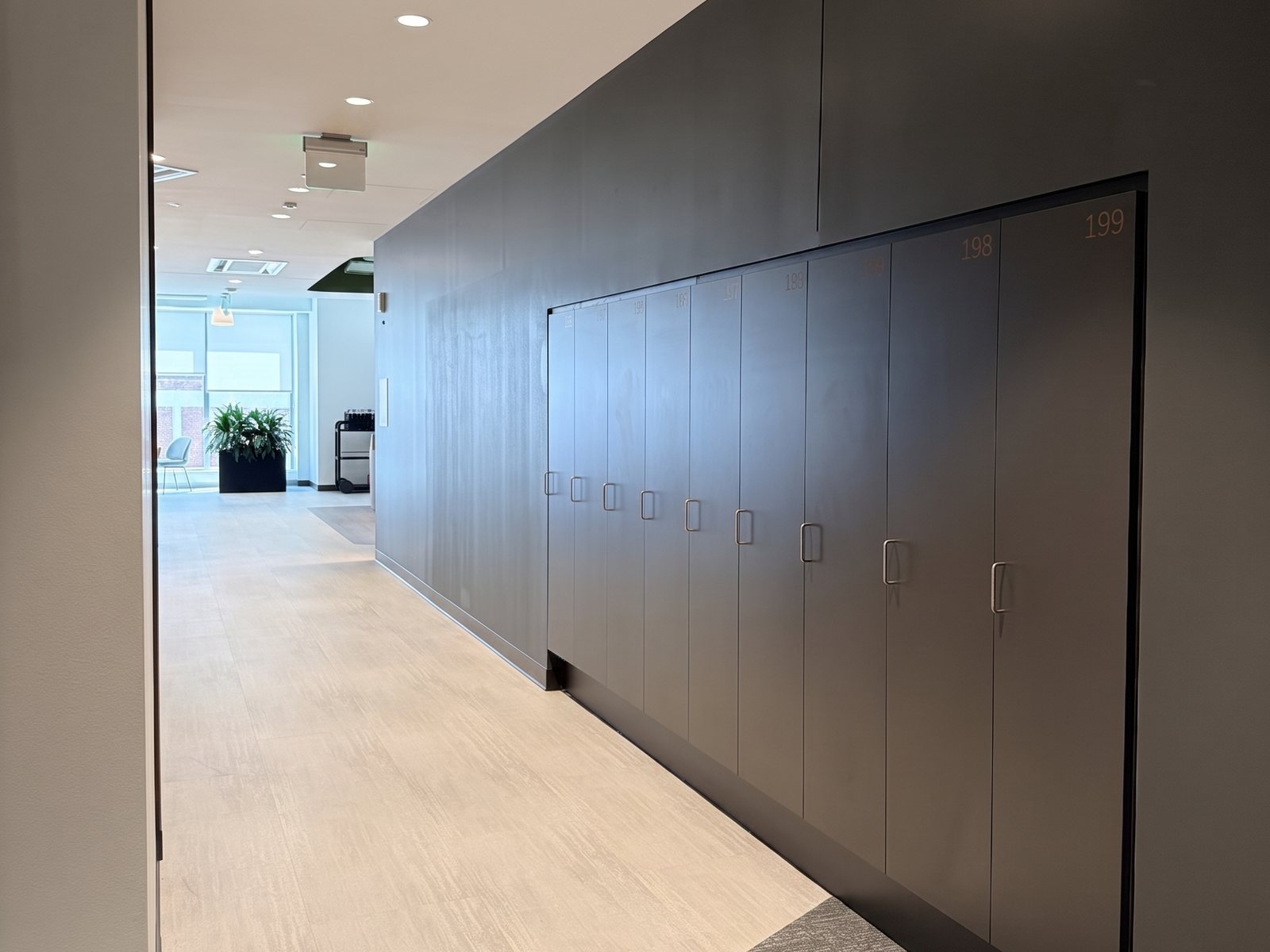 Full-height charcoal storage cabinets running along a light corridor