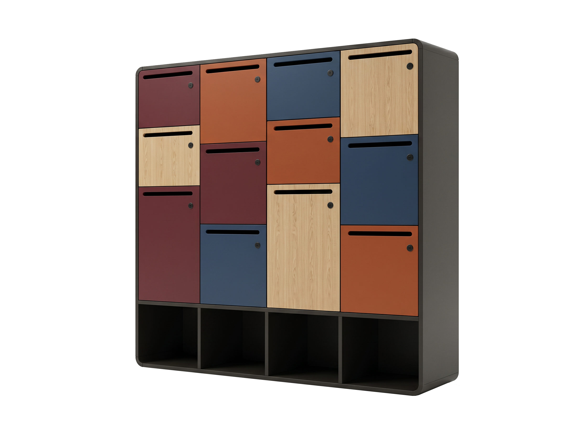 4-column multicolor Arraya locker unit with open base