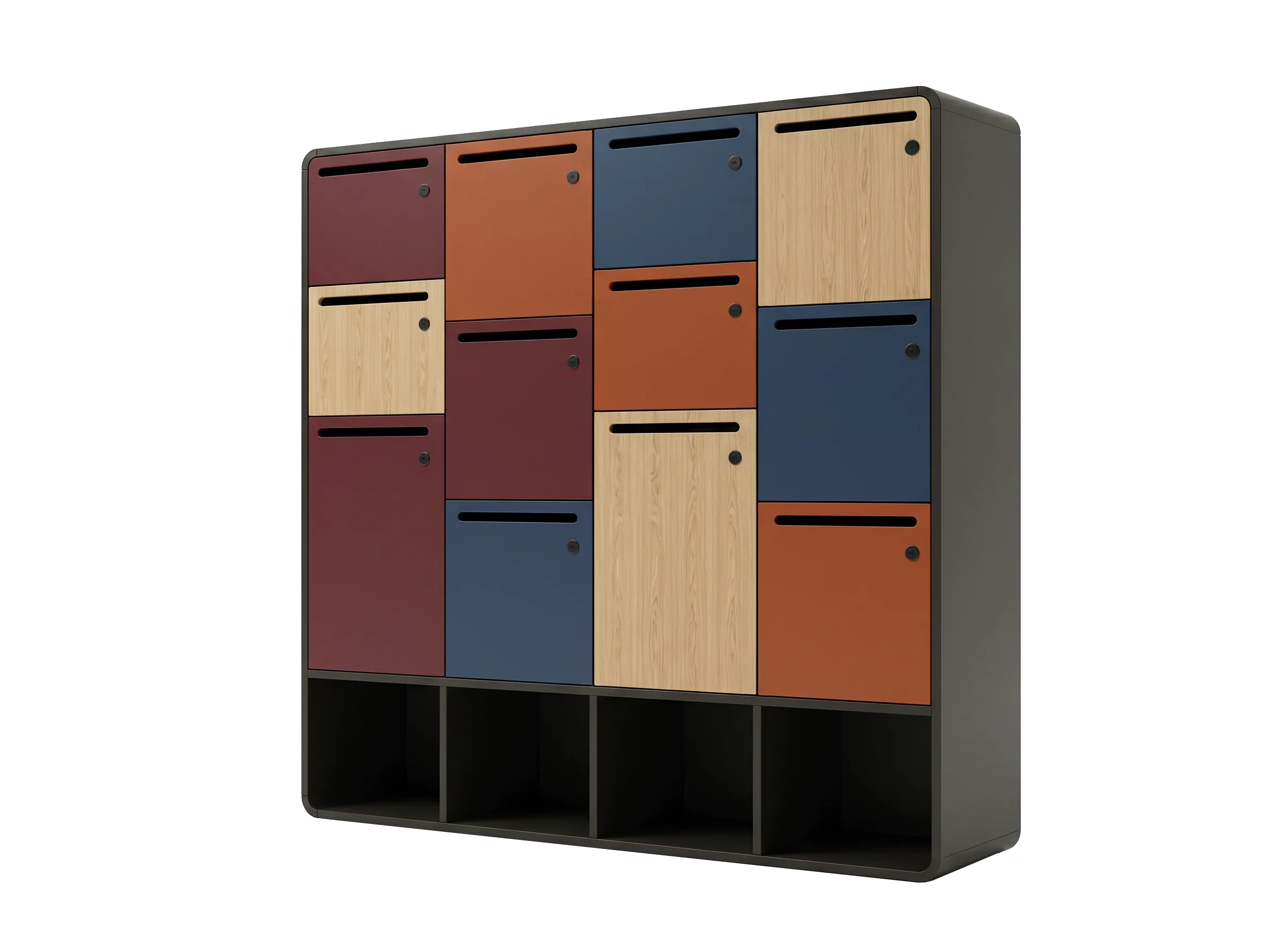 4-column multicolor Arraya locker unit with open base