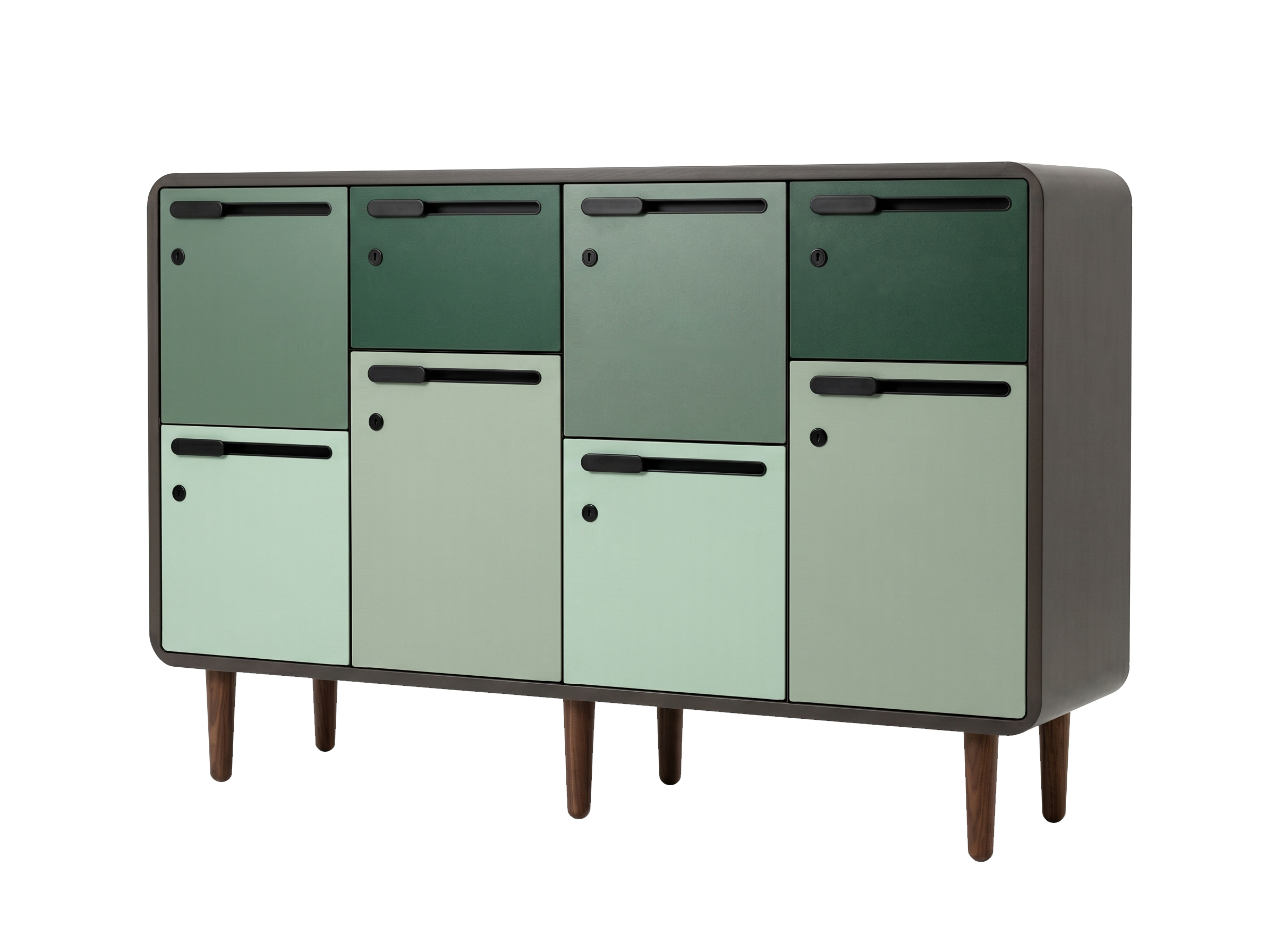 4-column tonal green Arraya locker unit with walnut legs