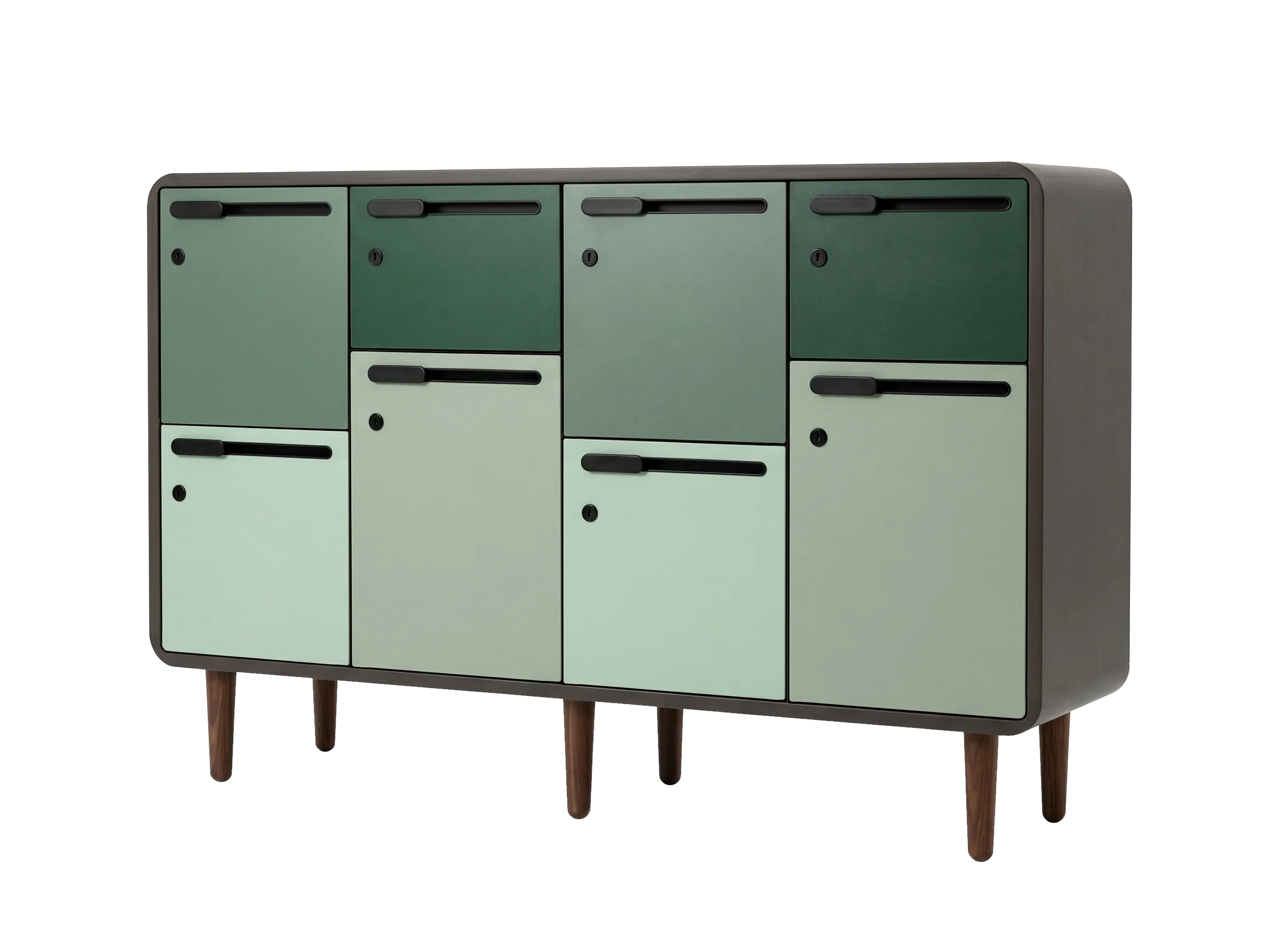 4-column tonal green Arraya locker unit with walnut legs
