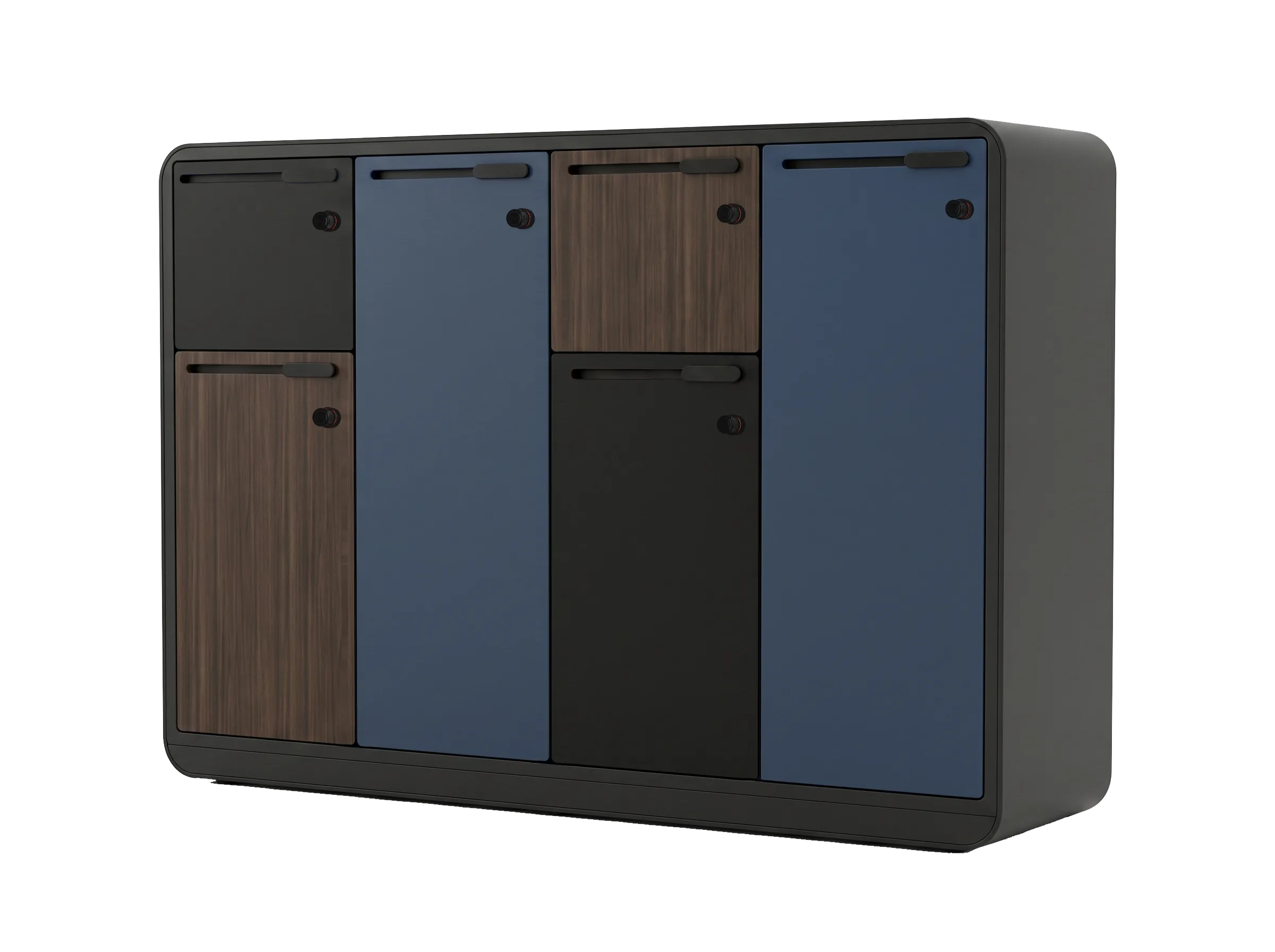 4-column dark navy and walnut Arraya locker unit