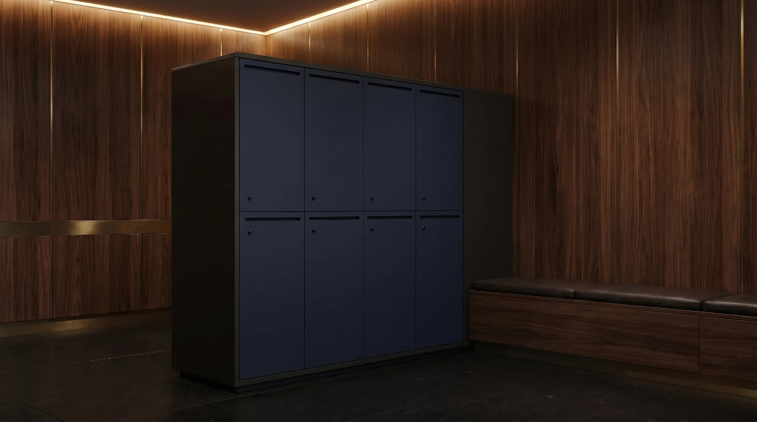 Private club back of house locker room with durable configurable lockers in neutral finish palette