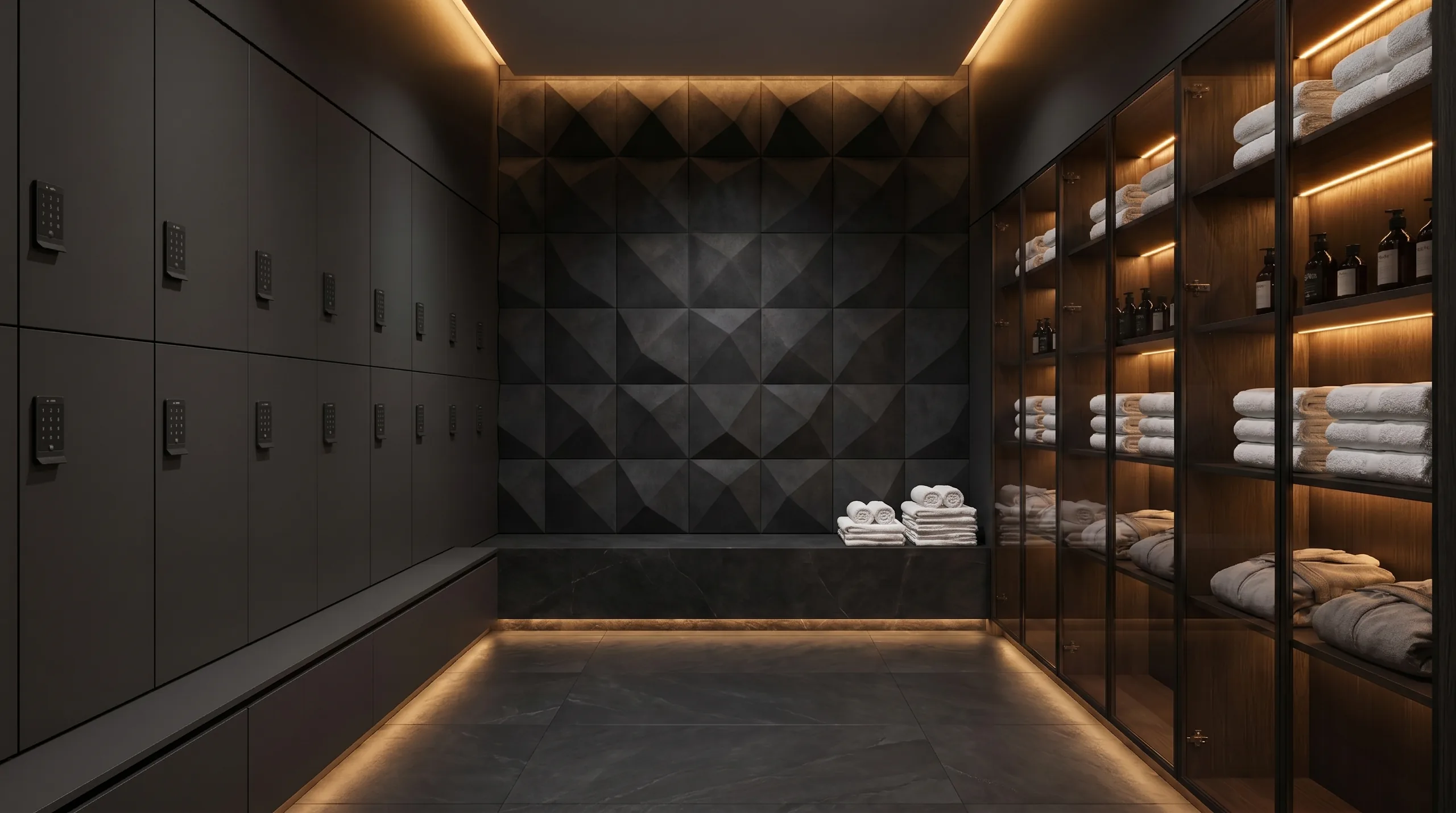 Wellness center locker room with coordinated storage and benching