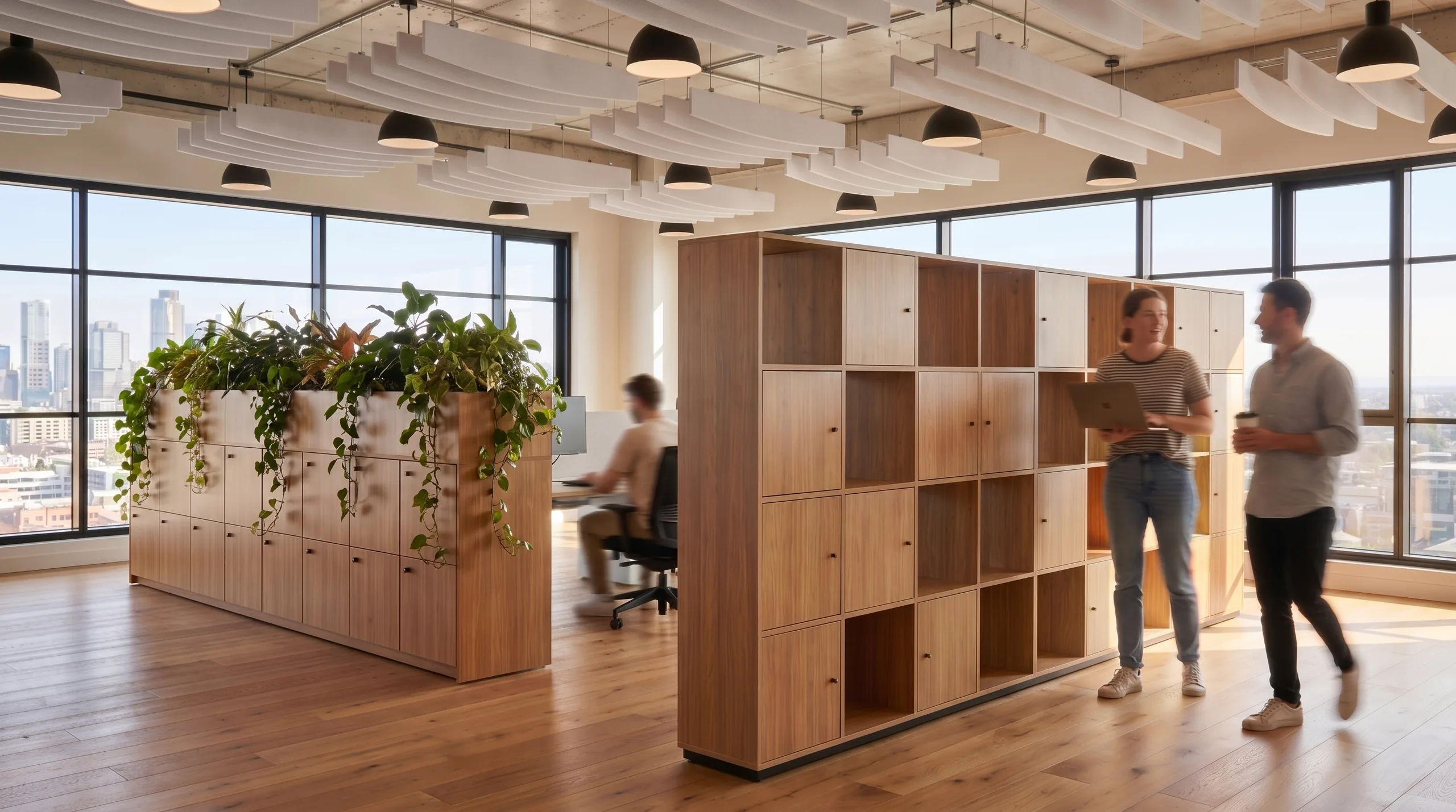 Coworking member storage environment with high-design lockers