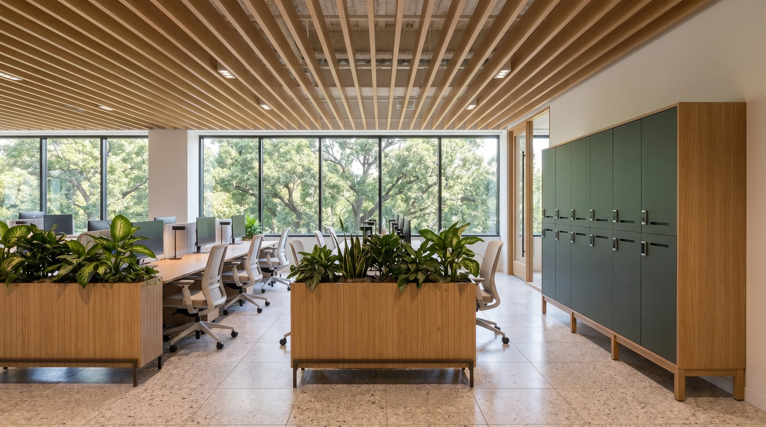Day-use storage under terrazzo and acoustic baffles in an open office