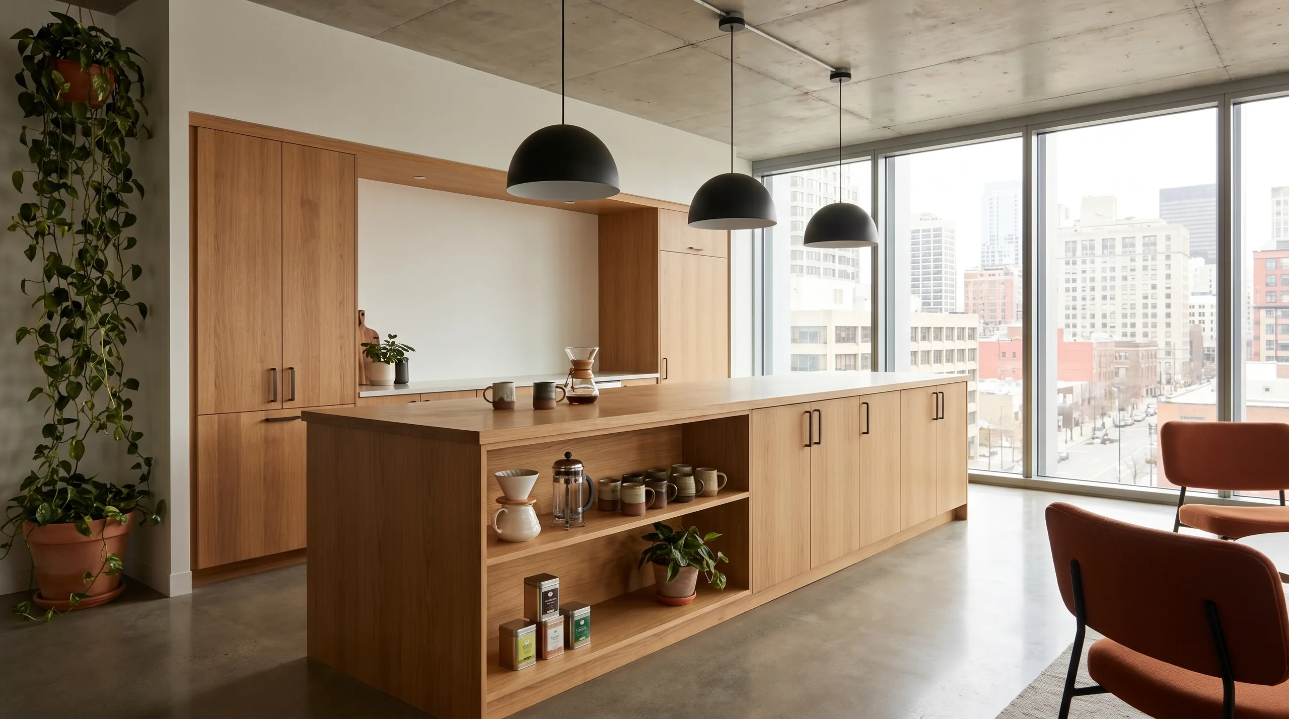 High-design pantry casework in an open office break room