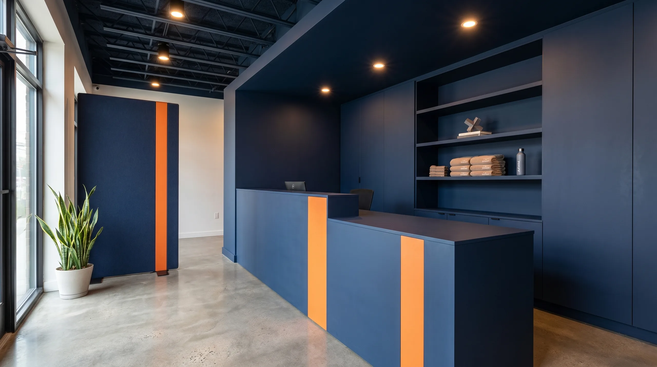 Boutique fitness reception desk and check-in zone with Zone Divider and custom casework