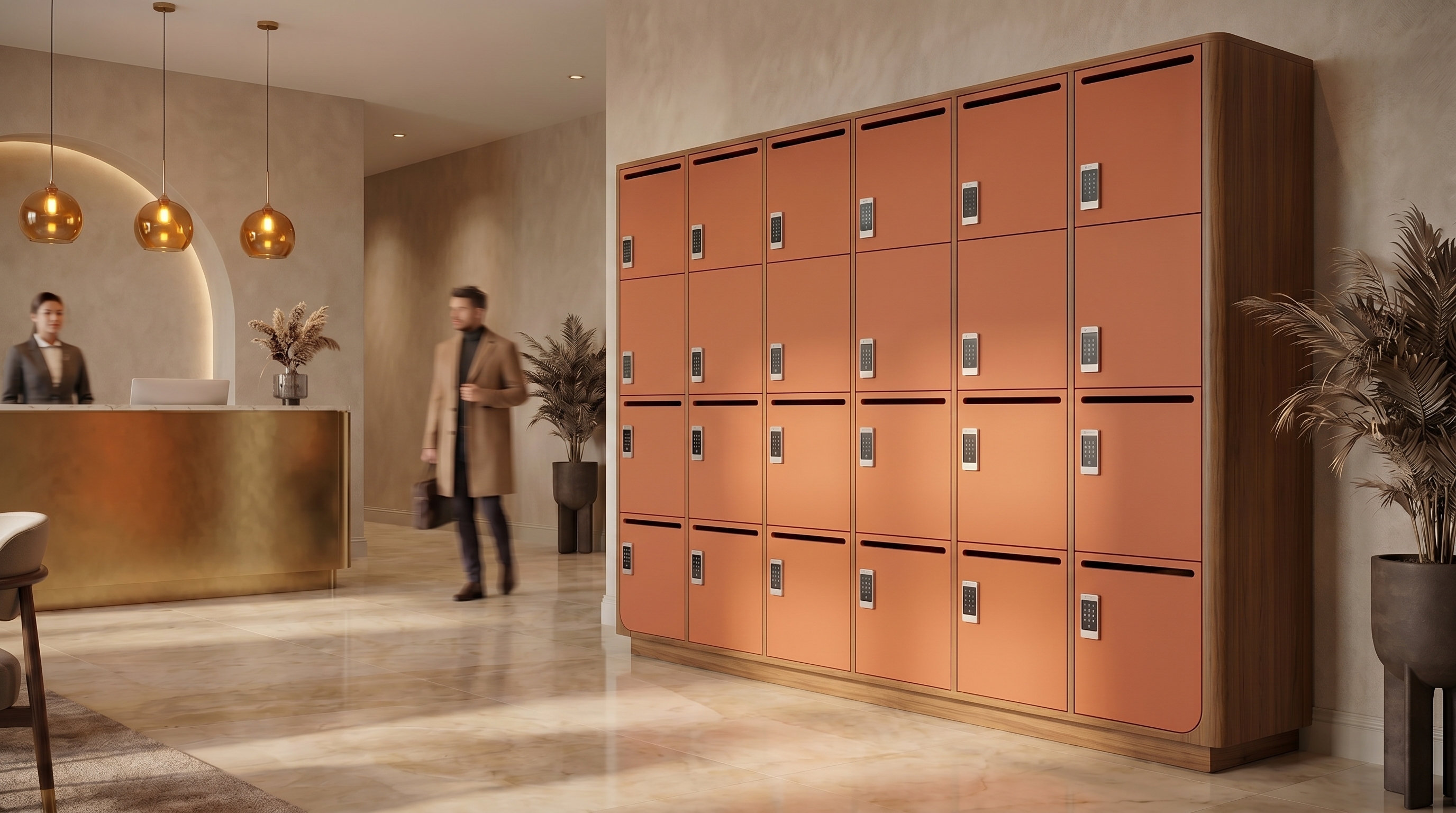Hotel lobby reception desk with coordinated casework and storage behind, warm material palette