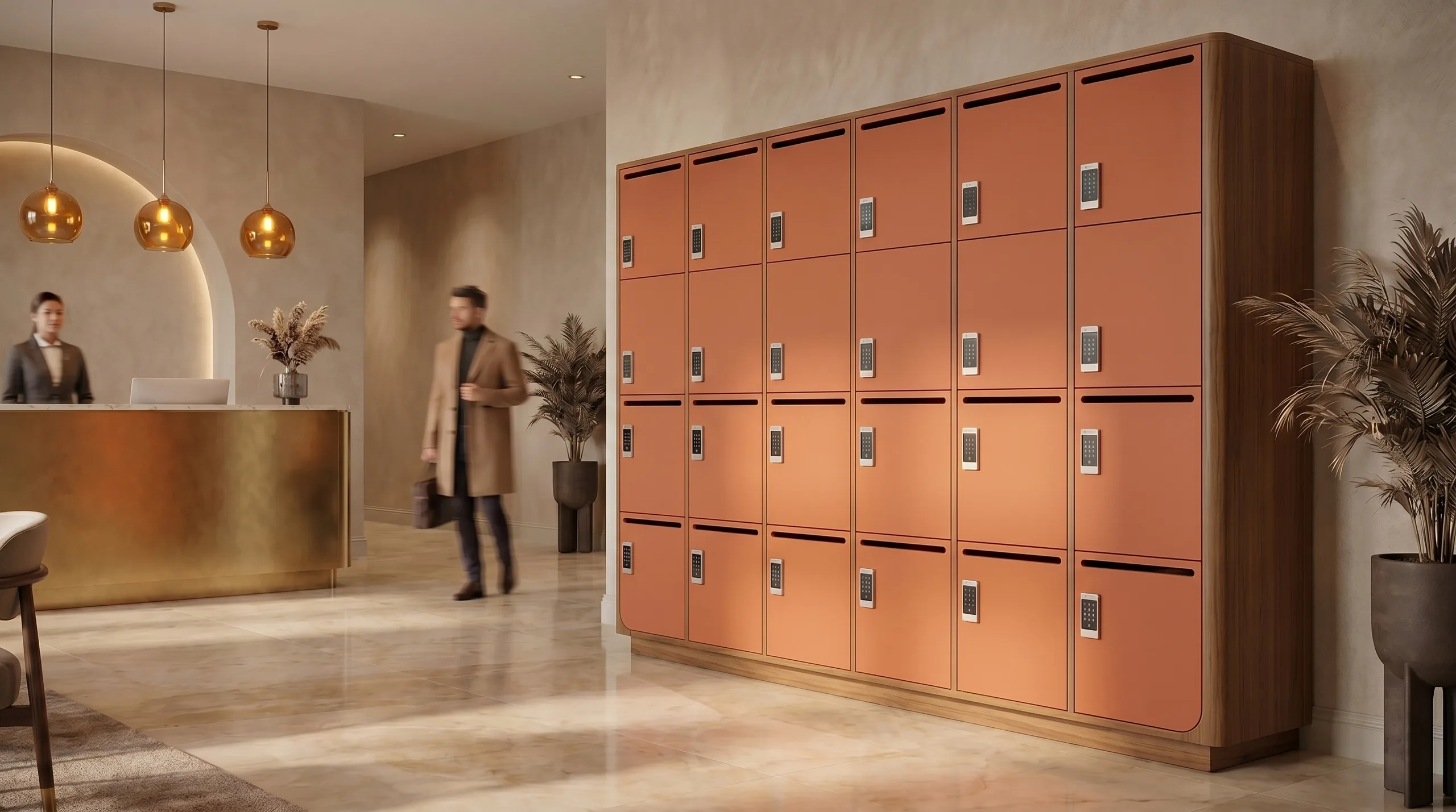Hotel lobby reception desk with coordinated casework and storage behind, warm material palette