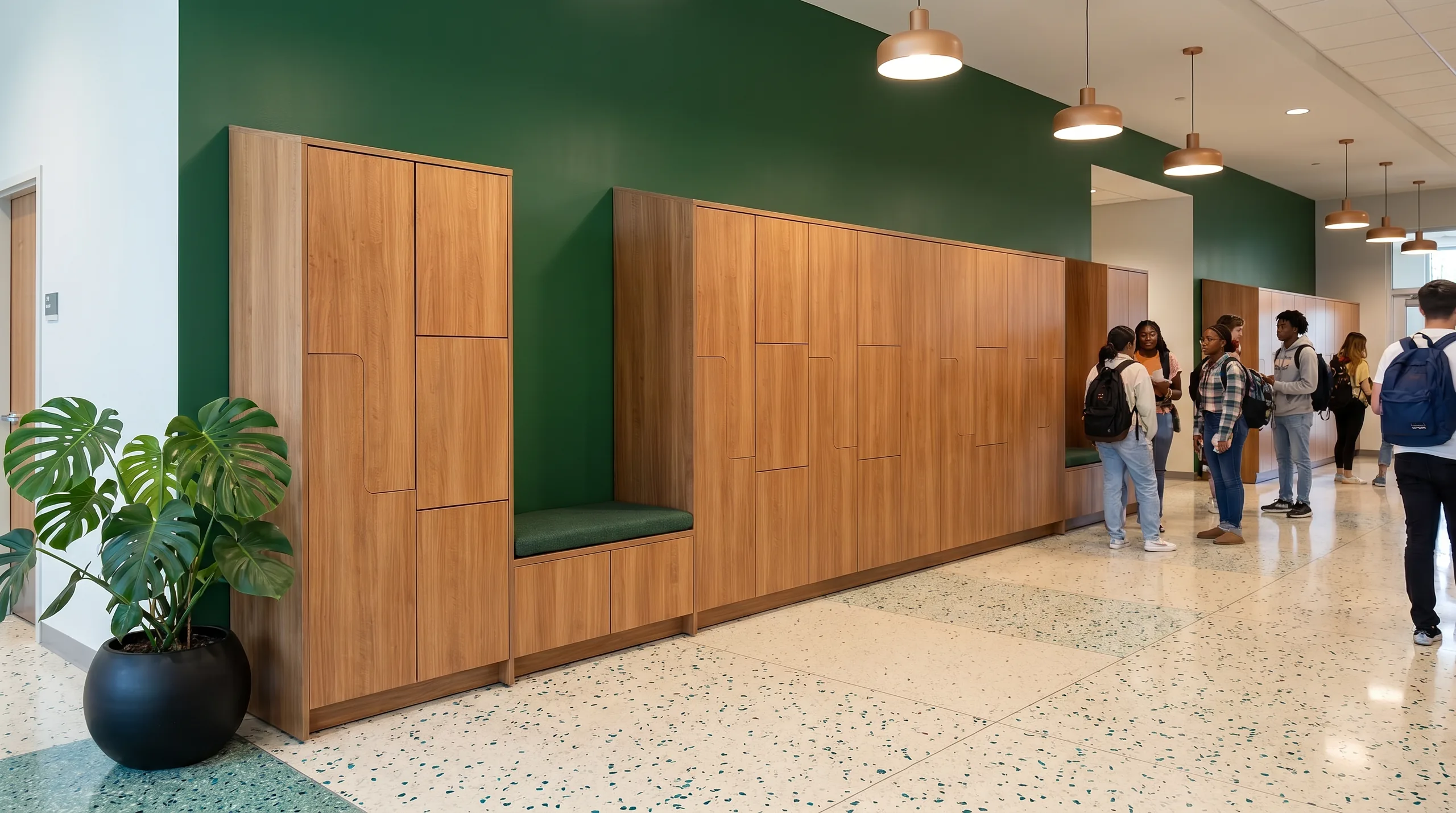 Student union commons with high-design day-use lockers and bold interior design