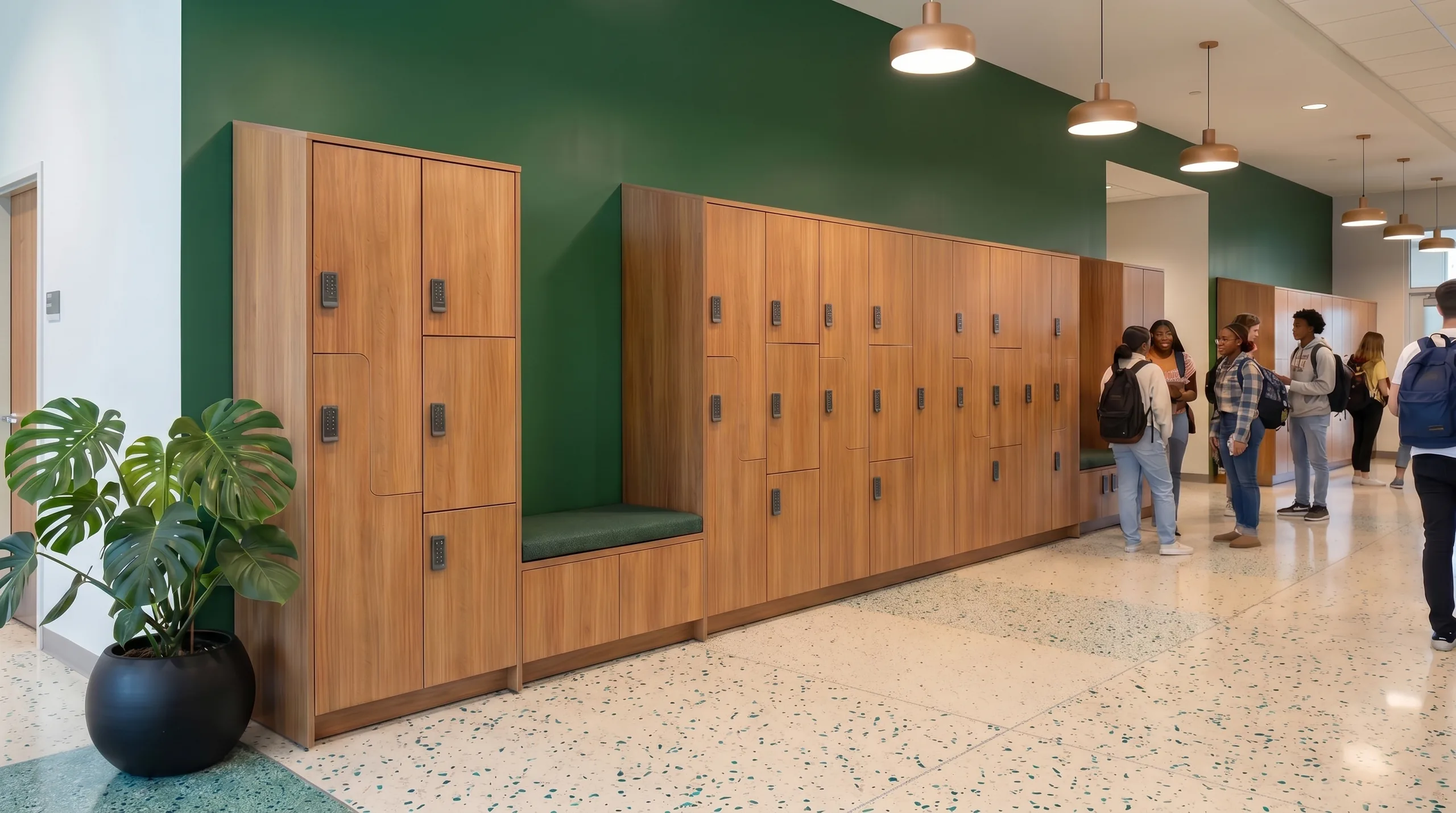 Student union commons with high-design day-use lockers in warm walnut, integrated bench, and bold green accent wall