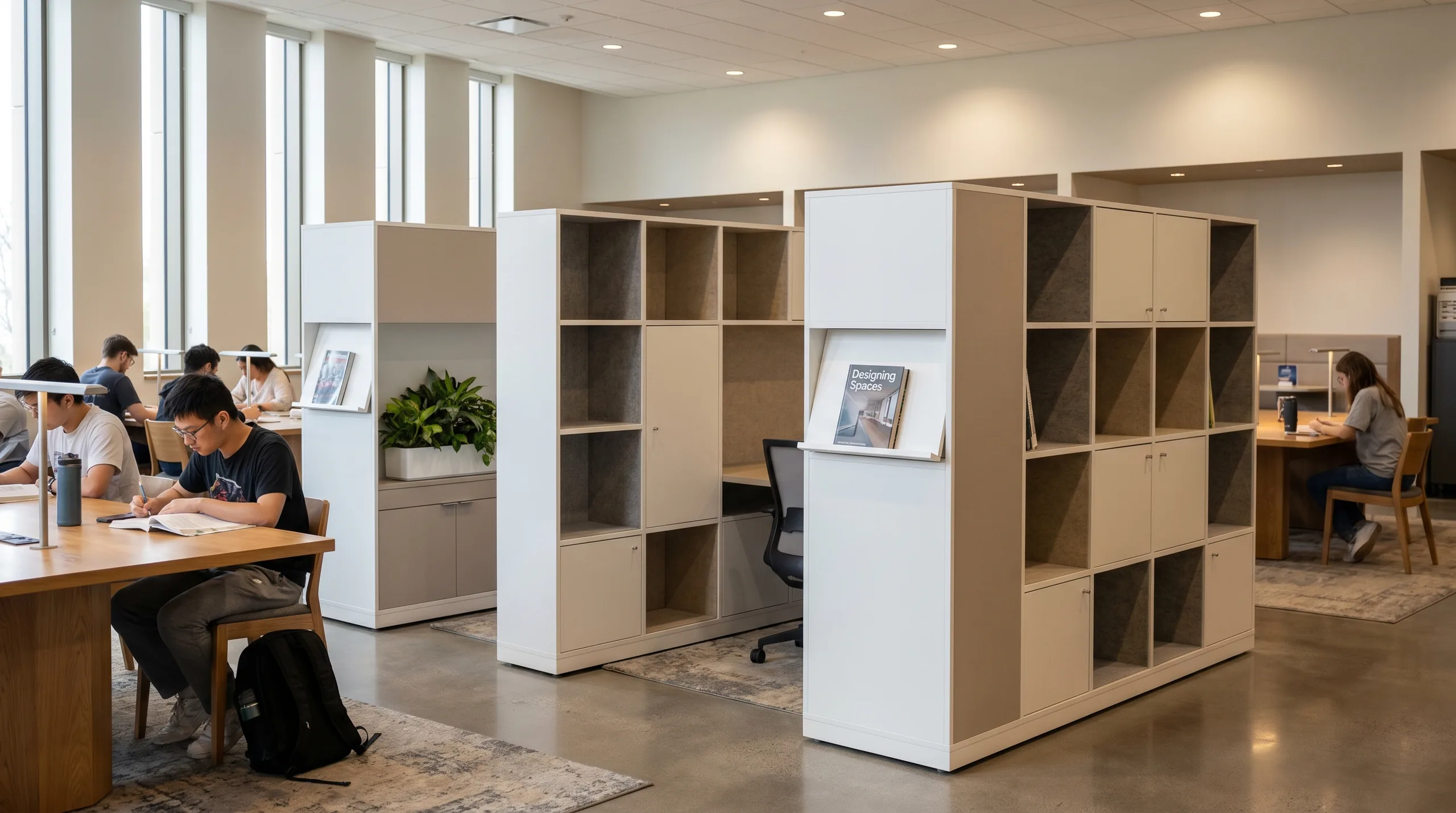 Campus library study area with Zone Dividers creating quiet study neighborhoods and acoustic cubby panels
