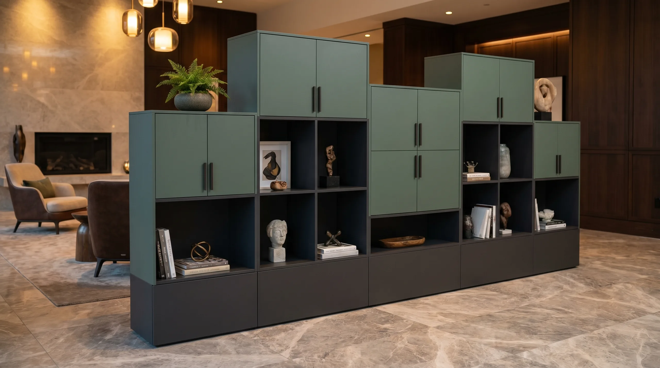 Zone Divider in a hotel lobby cityscape setting with jewel-tone finishes