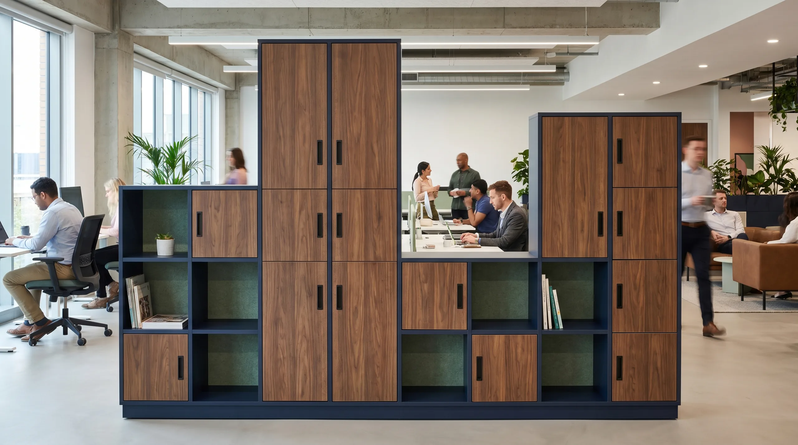 Zone Divider Cityscape: variable-height stepped tiers in walnut and navy