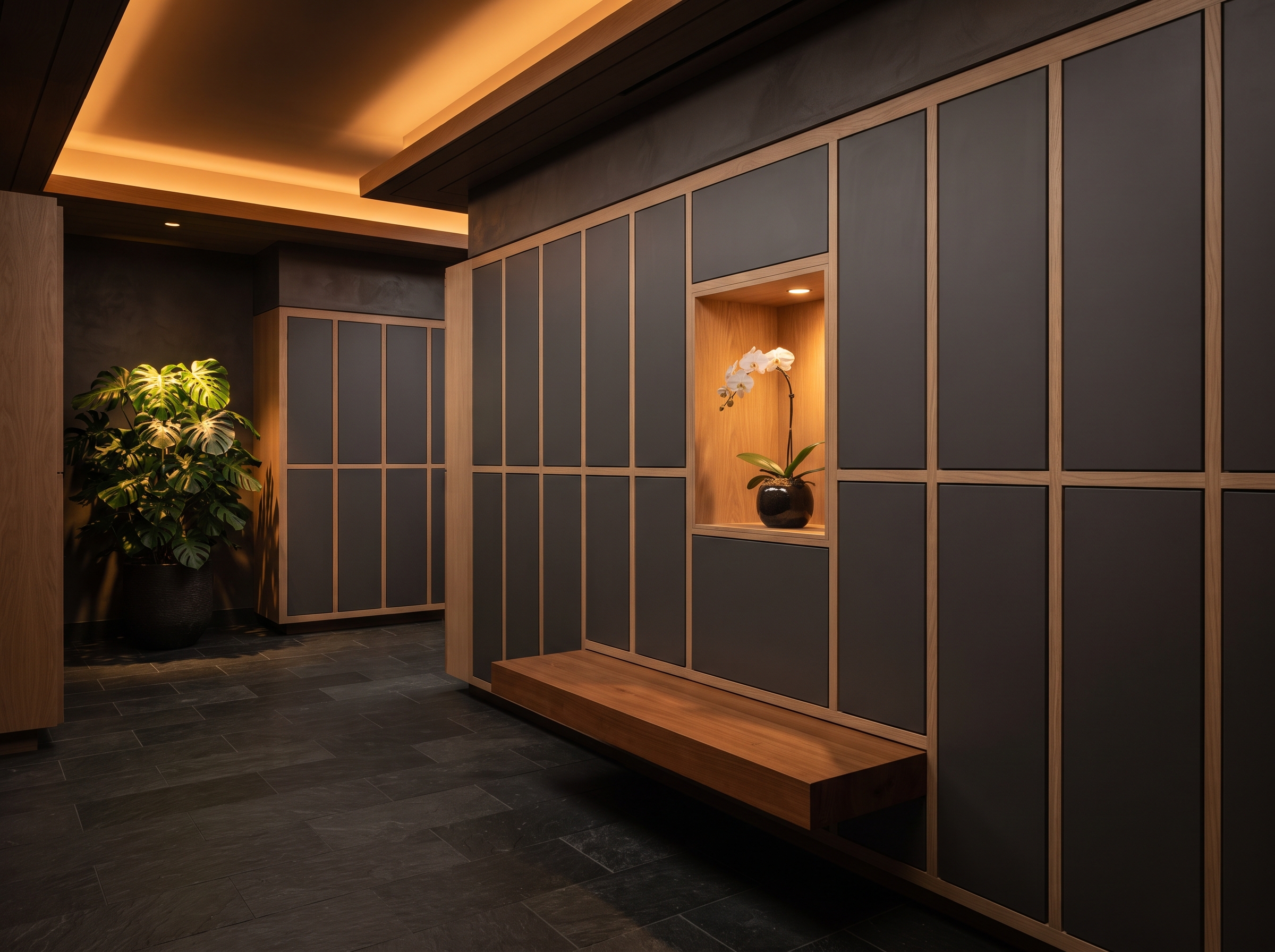 Spa wellness locker room with high-design configurable lockers in a moody, warm-dark finish palette