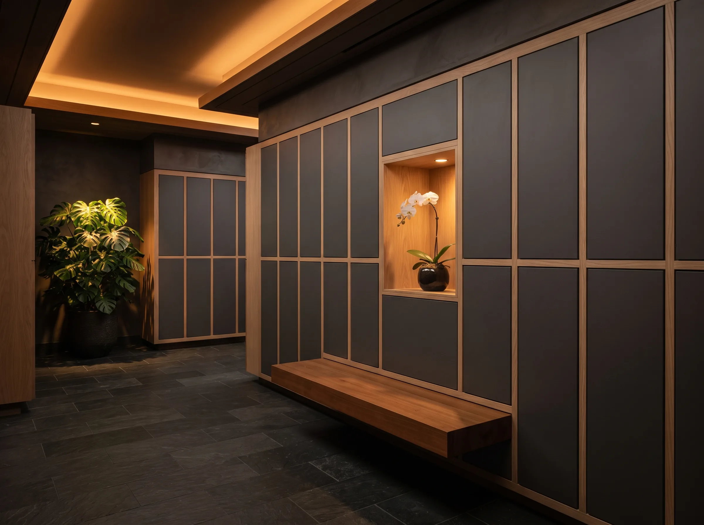 Spa wellness locker room with high-design configurable lockers in a moody, warm-dark finish palette