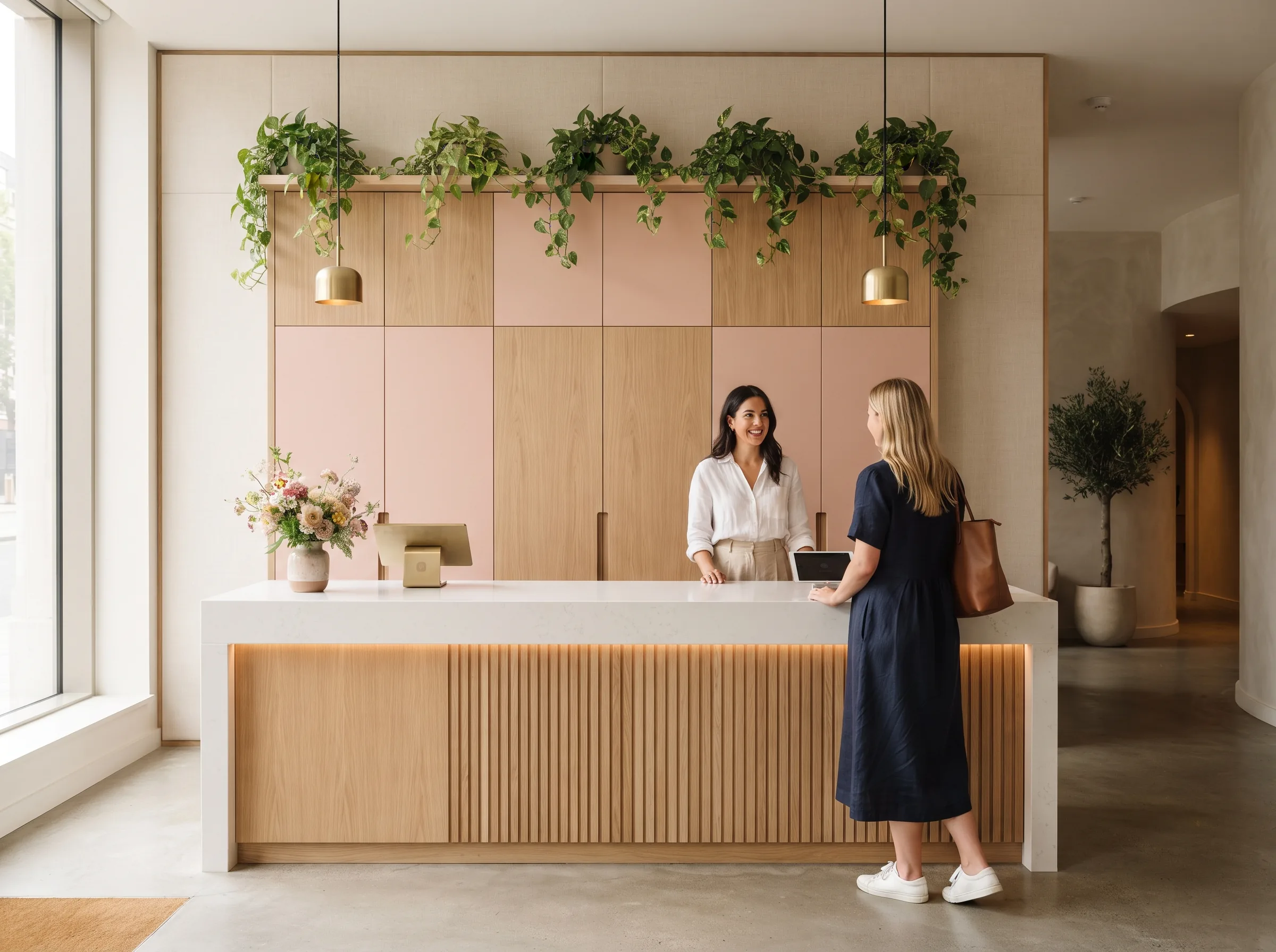 Spa reception desk in warm tones with coordinated casework and shelving display