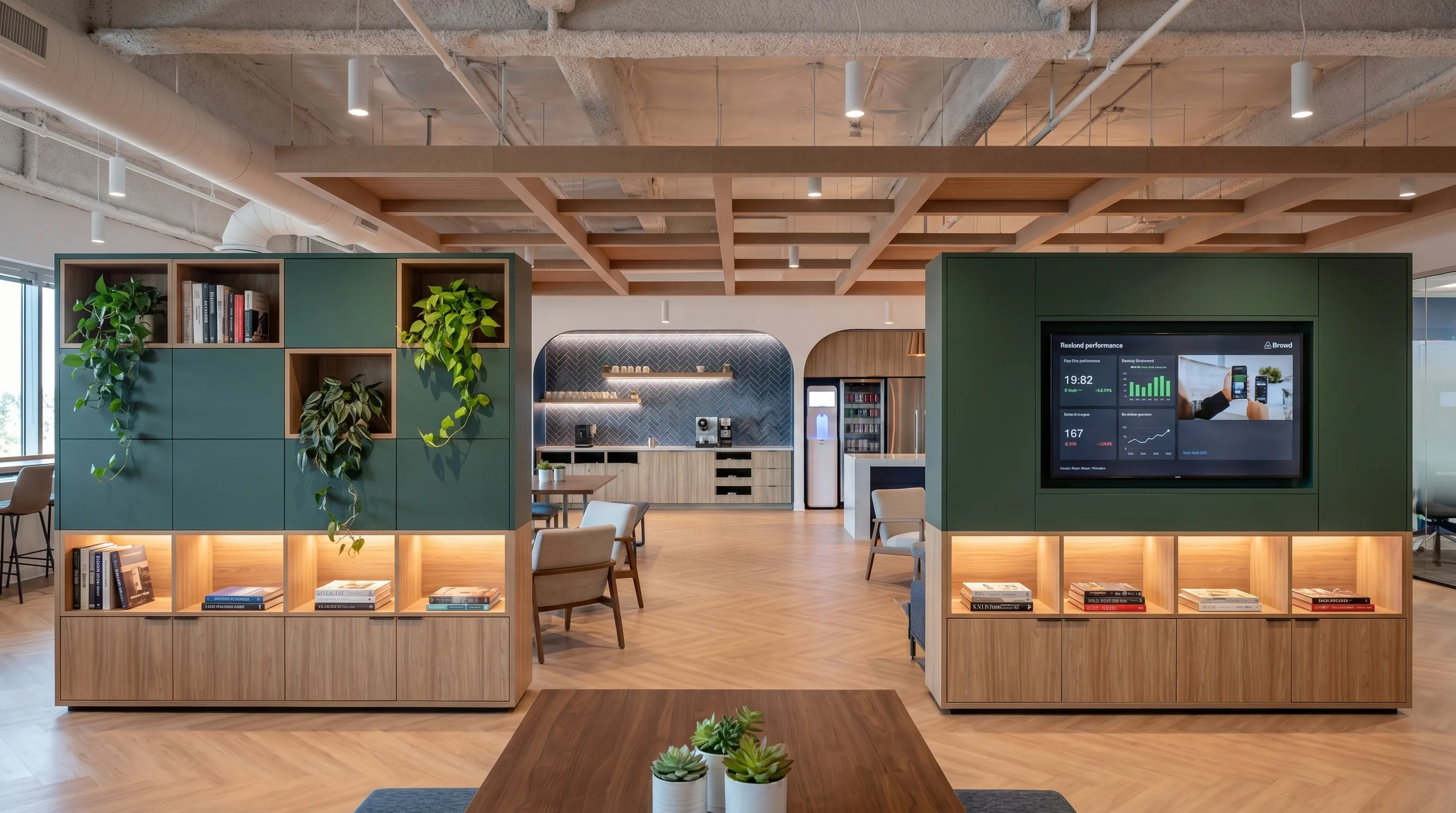 Zone Divider with integrated media display in tech office pantry hub