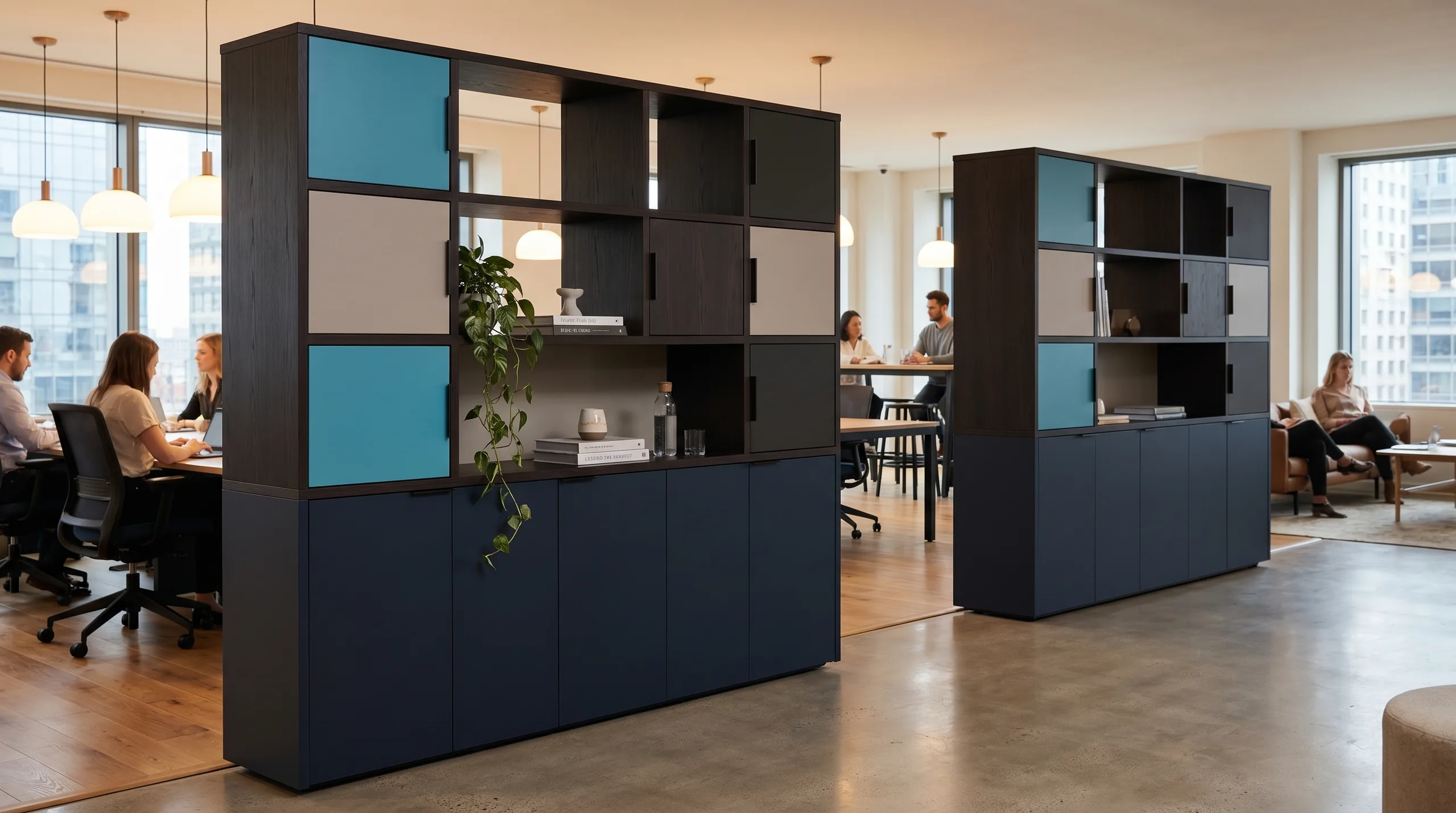 Two Zone Divider units creating neighborhoods in a coworking space